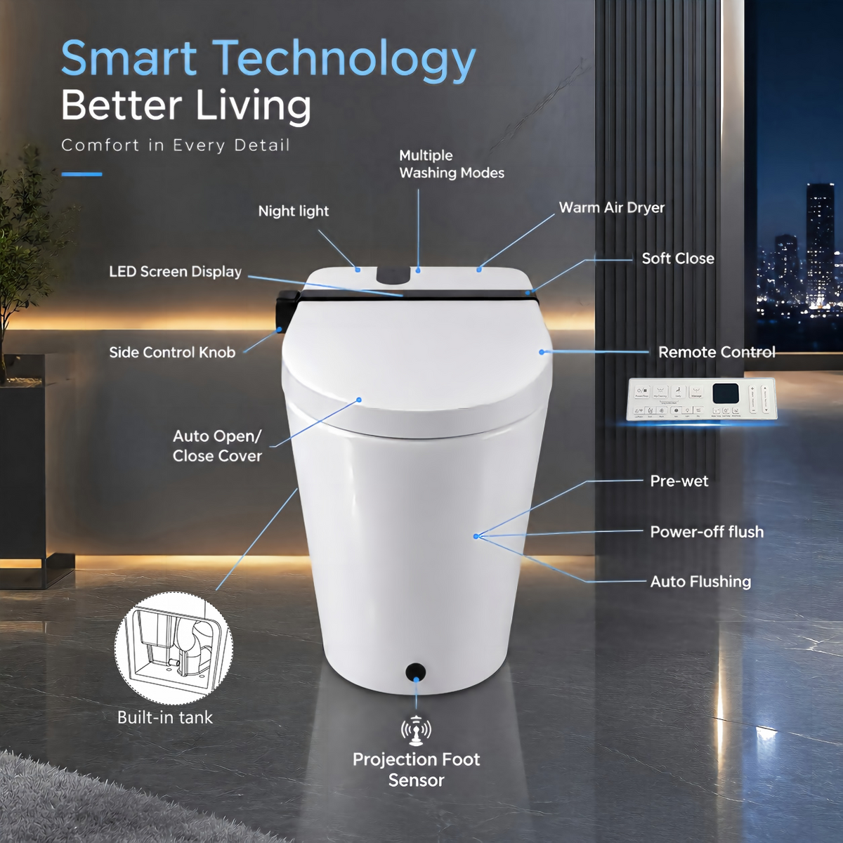 Rainlex Smart Bidet Toilet with Built-in Booster Tank, Radar Sensor Auto Lid, Heated Seat, Foam Shield, Warm Water Wash, Dryer & Side Knob Control(T66)