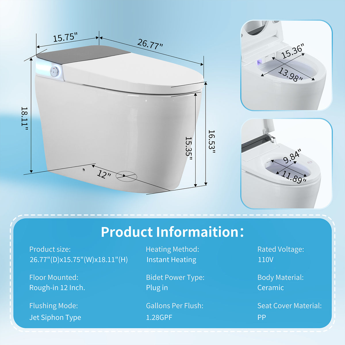 Rainlex Smart Bidet Toilet with Built-in Booster Tank, Radar Sensor Auto Lid, Heated Seat, Warm Water Wash, Dryer, Self-Cleaning Nozzle & Remote Control(T68)