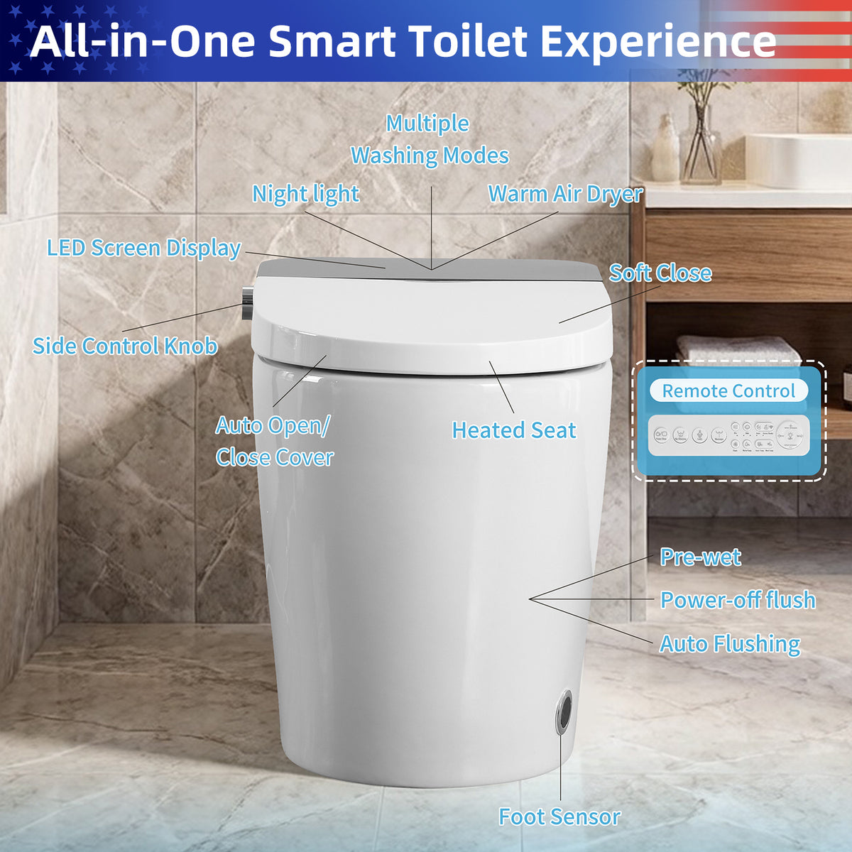Rainlex ADA Smart Bidet Toilet with Built-in Booster Tank, Radar Sensor Auto Lid, Heated Seat, Warm Water Wash, Dryer, Foot Sensor & Remote Control(T69)
