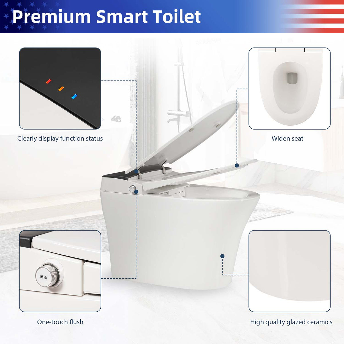 Rainlex Smart One Piece Toilet with Heated Seat, Automatic Flush, Foot Sensor, Tankless Design, Night Light & Soft Close Lid(T70)
