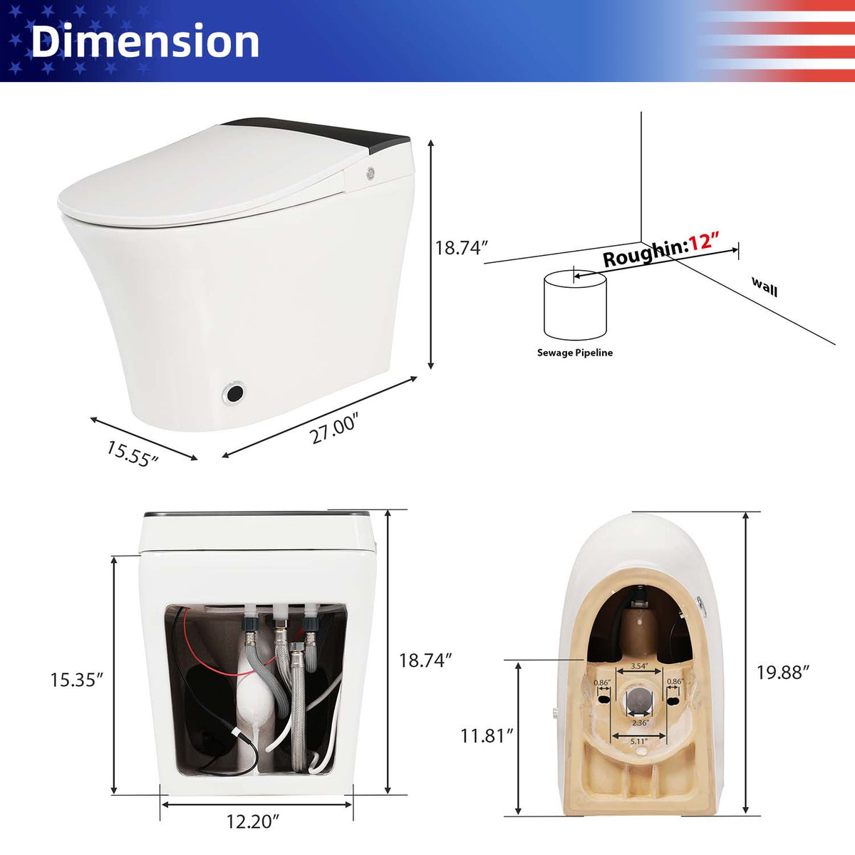 Rainlex Smart One Piece Toilet with Heated Seat, Automatic Flush, Foot Sensor, Tankless Design, Night Light & Soft Close Lid(T70)