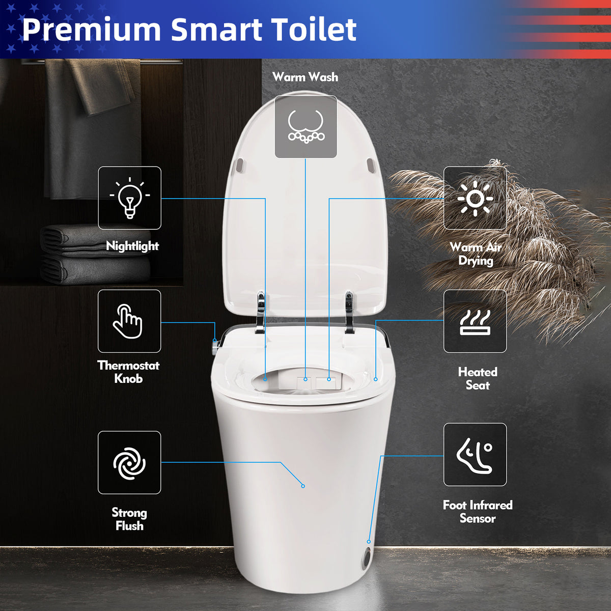 Rainlex Smart Bidet Toilet with Heated Seat, Warm Water Wash, Warm Air Dryer, Auto Flush, Remote Control & Night Light (T73)