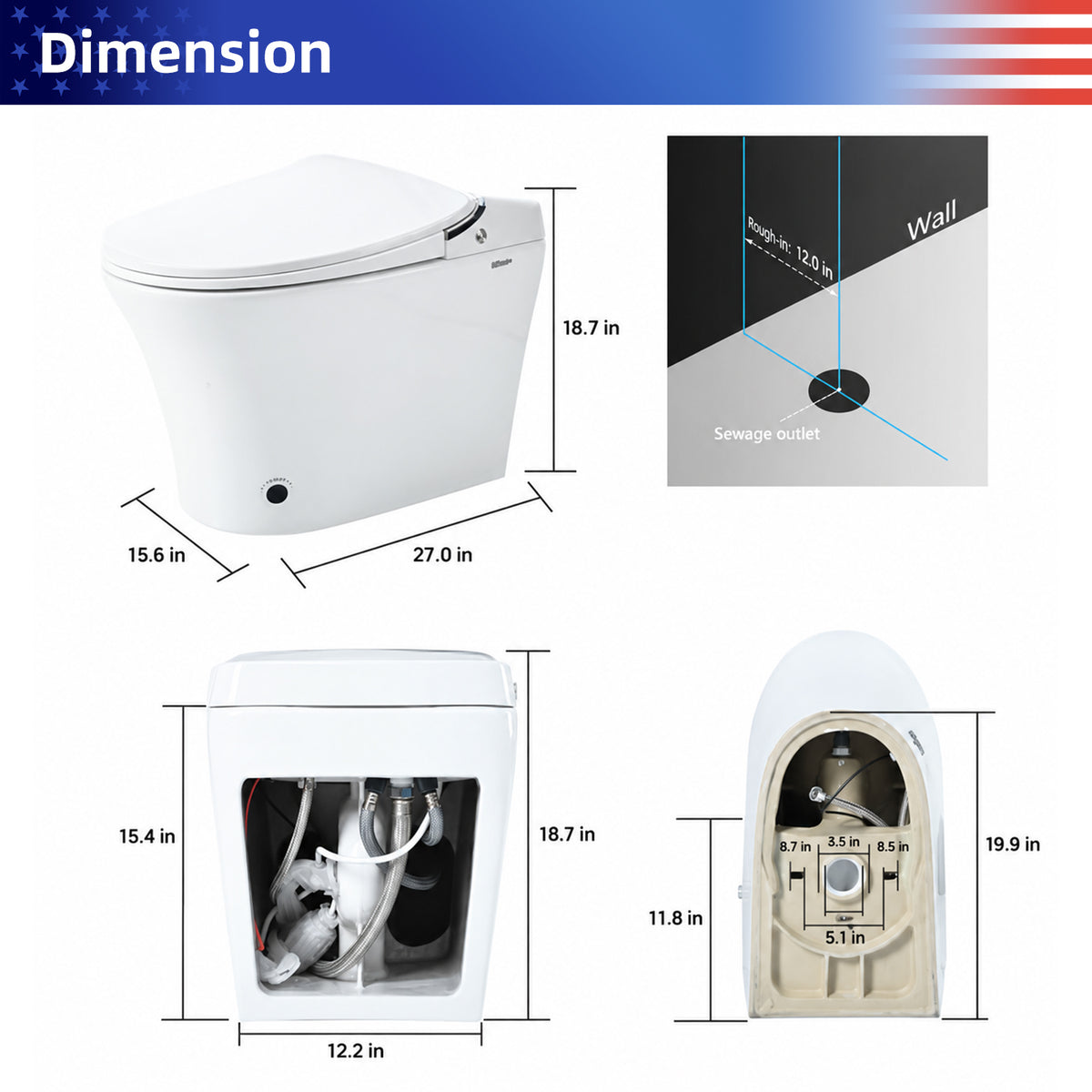 Rainlex Smart Bidet Toilet with Heated Seat, Warm Water Wash, Warm Air Dryer, Auto Flush, Remote Control & Night Light (T73)