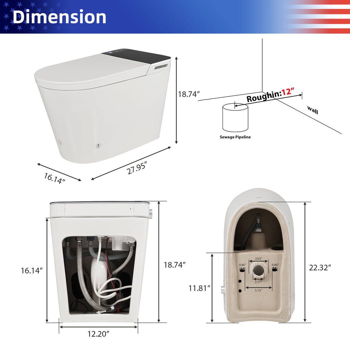Rainlex Tankless Smart Bidet Toilet with Auto Open Lid, Heated Seat, Warm Water Wash, Dryer, Foot Sensor & Remote Control(T74)