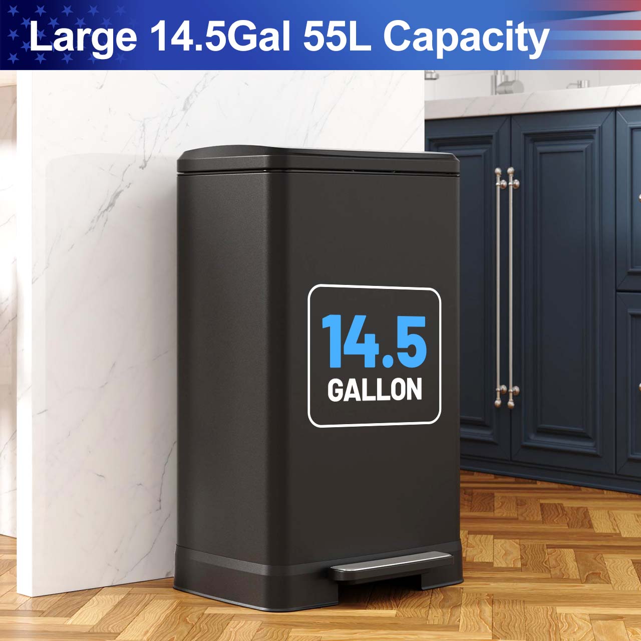 14.5 Gal. Stainless Steel Step Trash Can with Soft-Close Lid, Removable Inner Bucket, Detachable Wheels and Odor Control Slot,RX-TB01-14