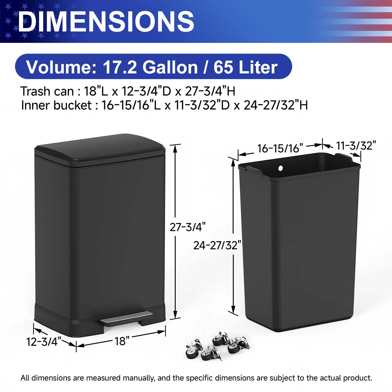 17 Gal. Stainless Steel Step Trash Can with Soft-Close Lid, Removable Inner Bucket, Detachable Wheels and Odor Control Slot RX-TB01-17