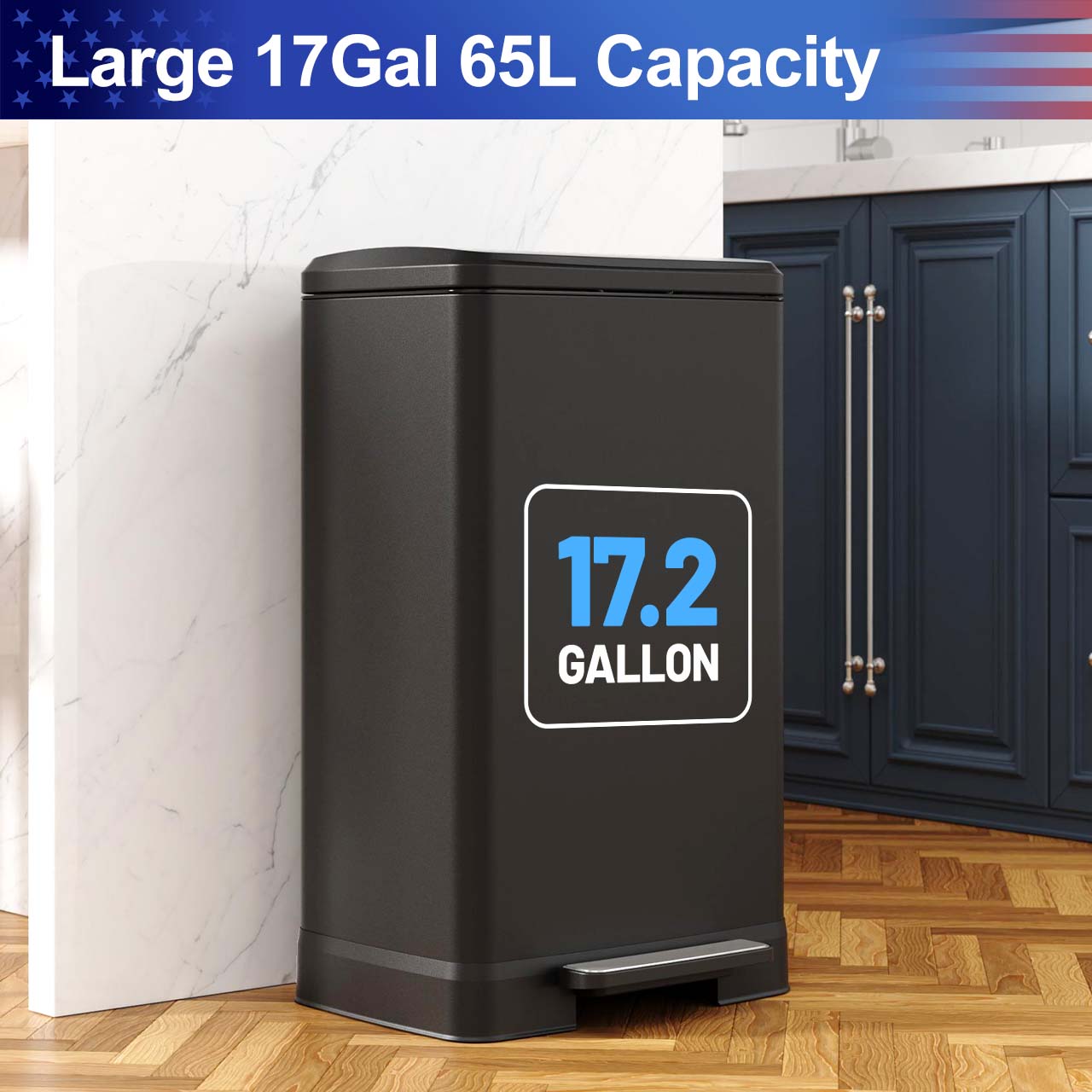 17 Gal. Stainless Steel Step Trash Can with Soft-Close Lid, Removable Inner Bucket, Detachable Wheels and Odor Control Slot RX-TB01-17