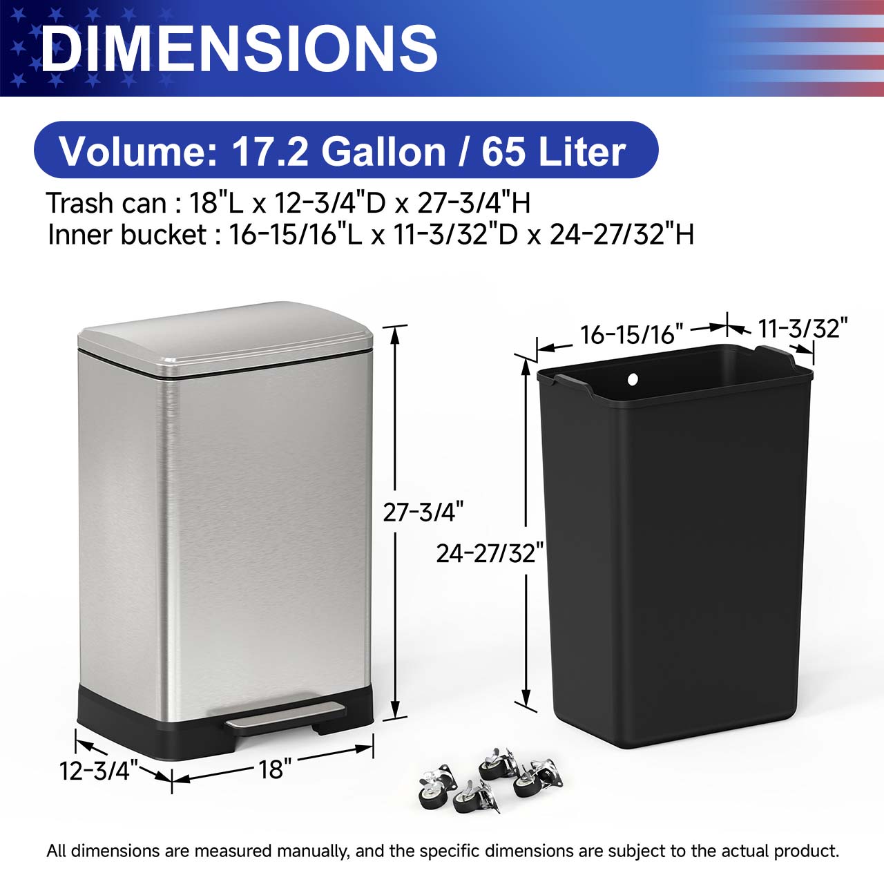 17 Gal. Stainless Steel Step Trash Can with Soft-Close Lid, Removable Inner Bucket, Detachable Wheels and Odor Control Slot RX-TB01-17