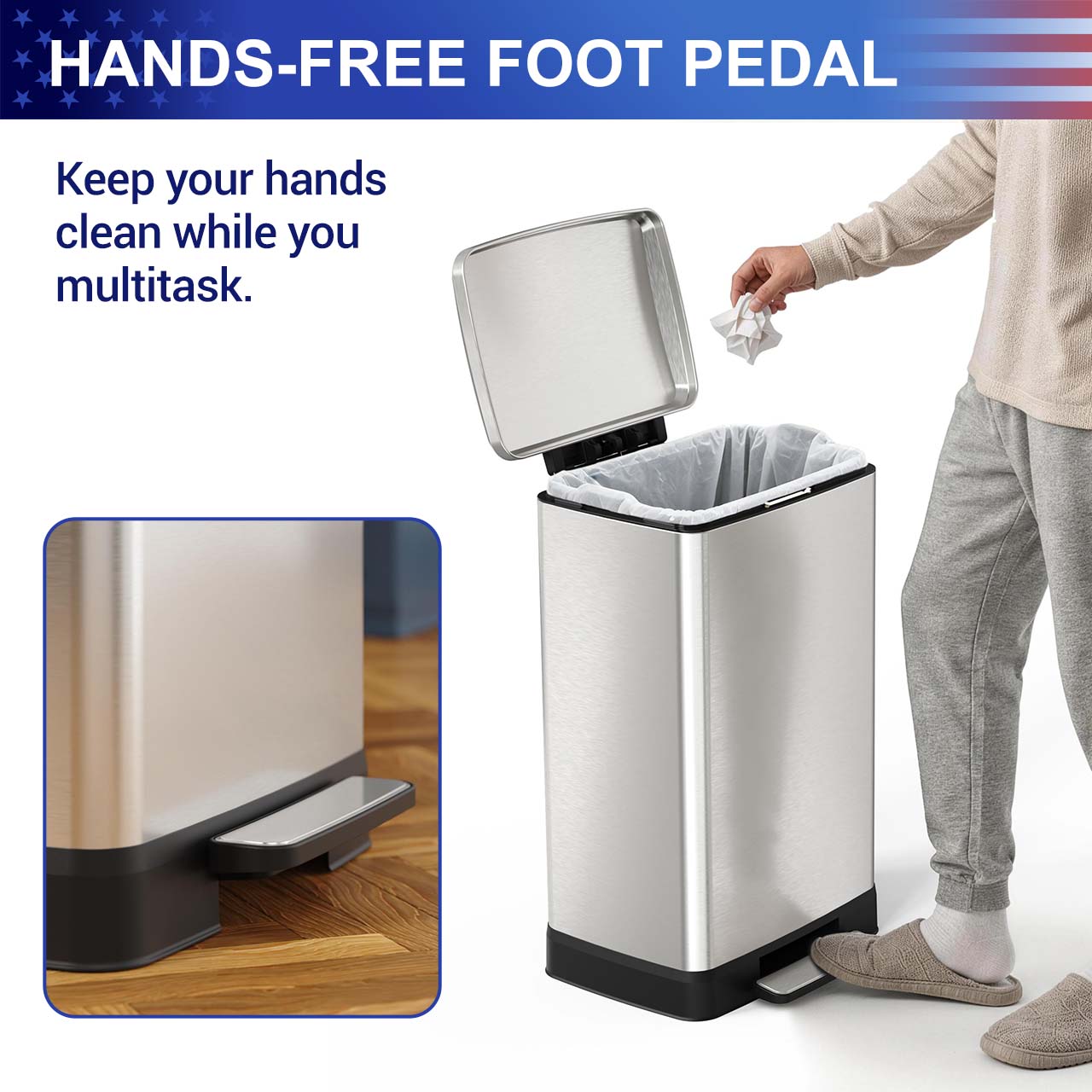 17 Gal. Stainless Steel Step Trash Can with Soft-Close Lid, Removable Inner Bucket, Detachable Wheels and Odor Control Slot RX-TB01-17