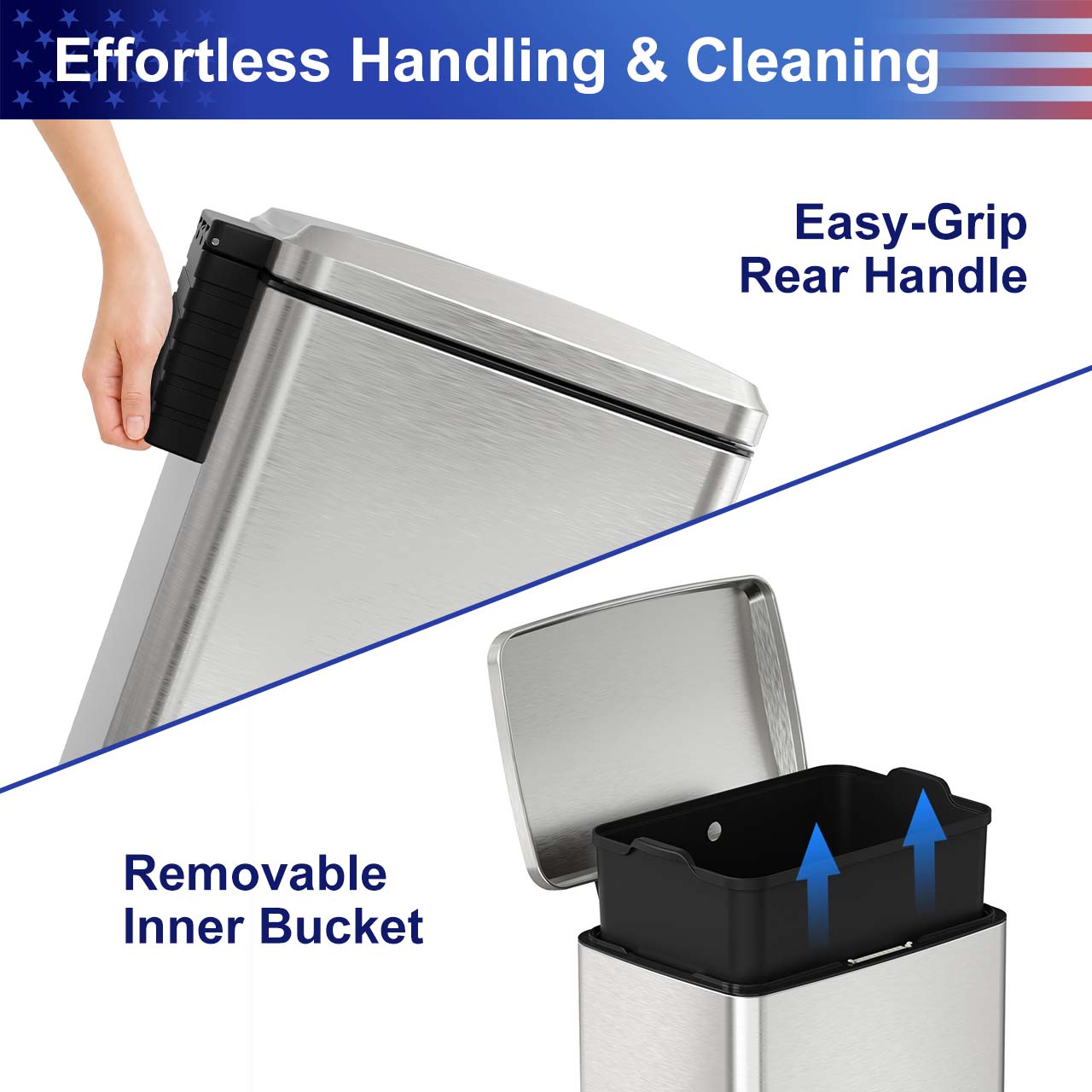 17 Gal. Stainless Steel Step Trash Can with Soft-Close Lid, Removable Inner Bucket, Detachable Wheels and Odor Control Slot RX-TB01-17