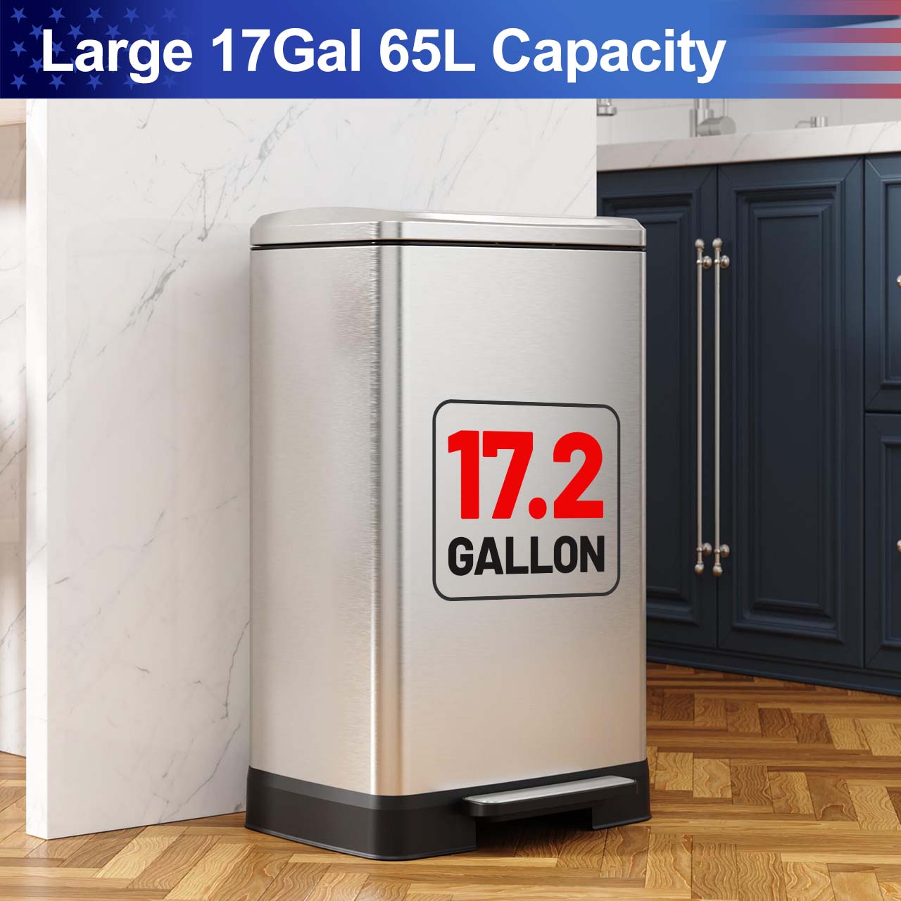 17 Gal. Stainless Steel Step Trash Can with Soft-Close Lid, Removable Inner Bucket, Detachable Wheels and Odor Control Slot RX-TB01-17