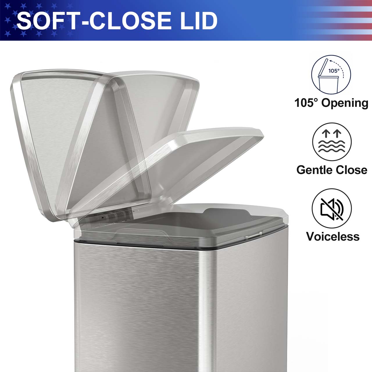 17 Gal. Stainless Steel Step Trash Can with Soft-Close Lid, Removable Inner Bucket, Detachable Wheels and Odor Control Slot RX-TB01-17