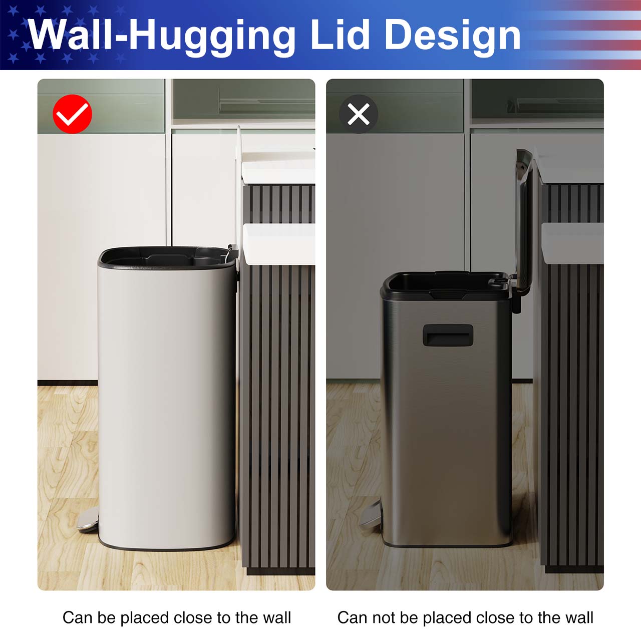 13 Gal. / 50 L Stainless Steel Step Trash Can with Soft-Close Stay-Open Lid and Removable Inner Bucket,RX-TB03-13