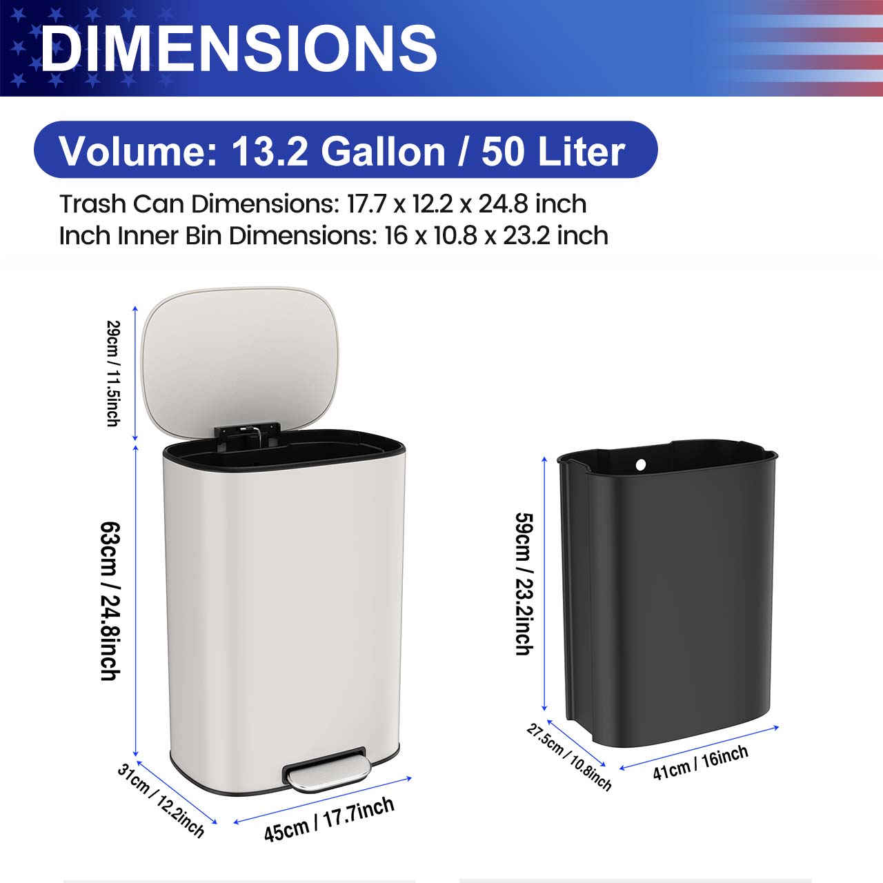 13 Gal. / 50 L Stainless Steel Step Trash Can with Soft-Close Stay-Open Lid and Removable Inner Bucket,RX-TB03-13