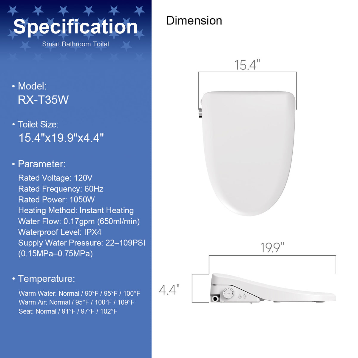 Rainlex Smart Bidet Toilet Seat with Heated Seat, Instant Warm Water Wash, Warm Air Dryer & Remote Control