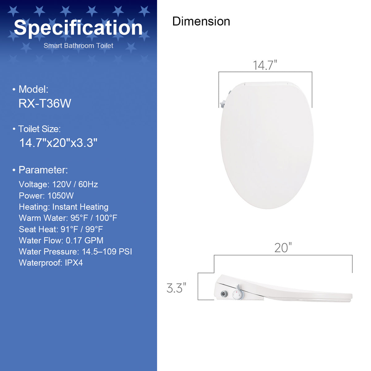 Rainlex Smart Bidet Toilet Seat with Instant Warm Water, Heated Seat, Bubble Wash, Night Light & Knob Control
