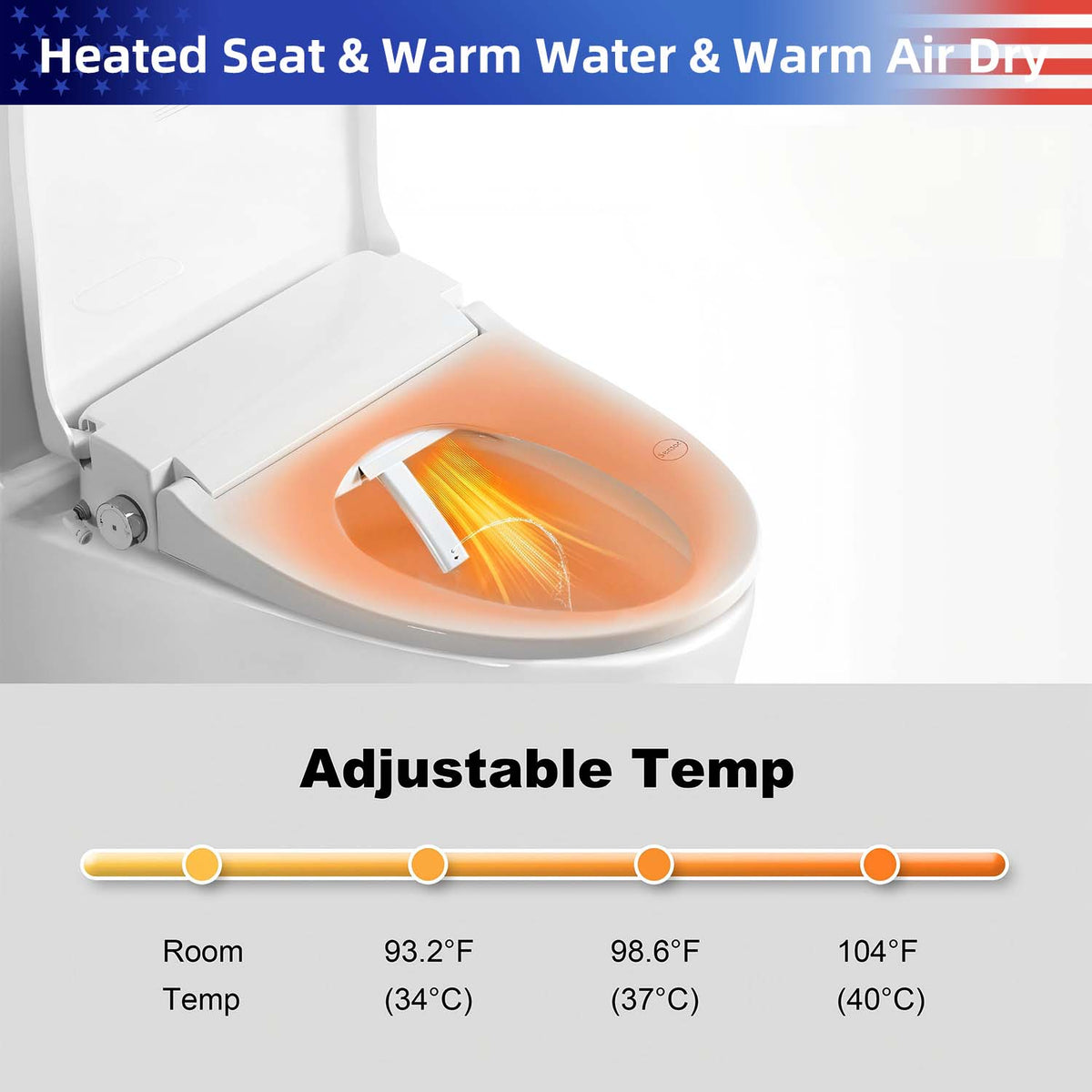 Smart Bidet Toilet Seat with Auto Open/Close Lid, Heated Seat, Adjustable Water Temperature & Pressure, Self-Cleaning Nozzle, Night Light