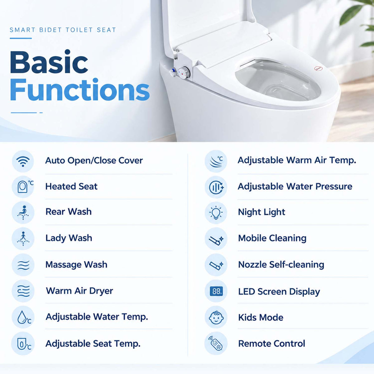 Smart Bidet Toilet Seat with Auto Open/Close Lid, Heated Seat, Adjustable Water Temperature & Pressure, Self-Cleaning Nozzle, Night Light