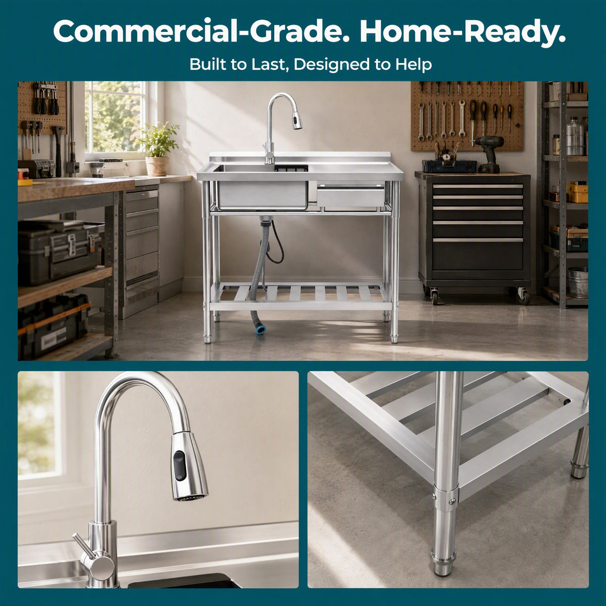 RAINLEX 39" Freestanding Commercial Kitchen Sink with Pull-Out Faucet in Stainless Steel - RX-US01-3920