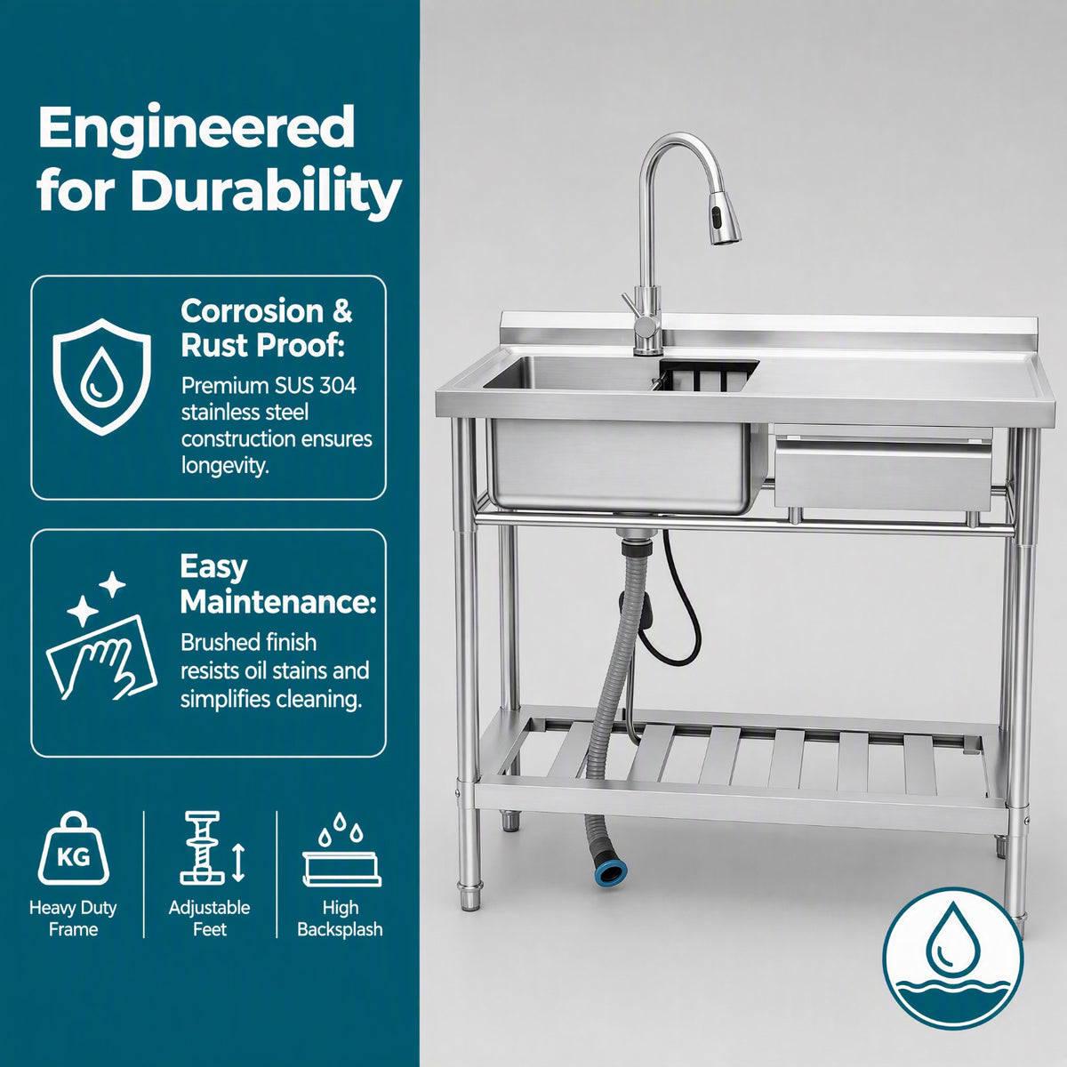 RAINLEX 39" Freestanding Commercial Kitchen Sink with Pull-Out Faucet in Stainless Steel - RX-US01-3920