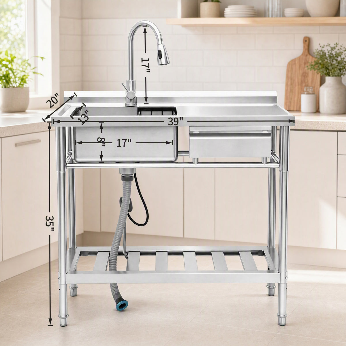 RAINLEX 39" Freestanding Commercial Kitchen Sink with Pull-Out Faucet in Stainless Steel - RX-US01-3920