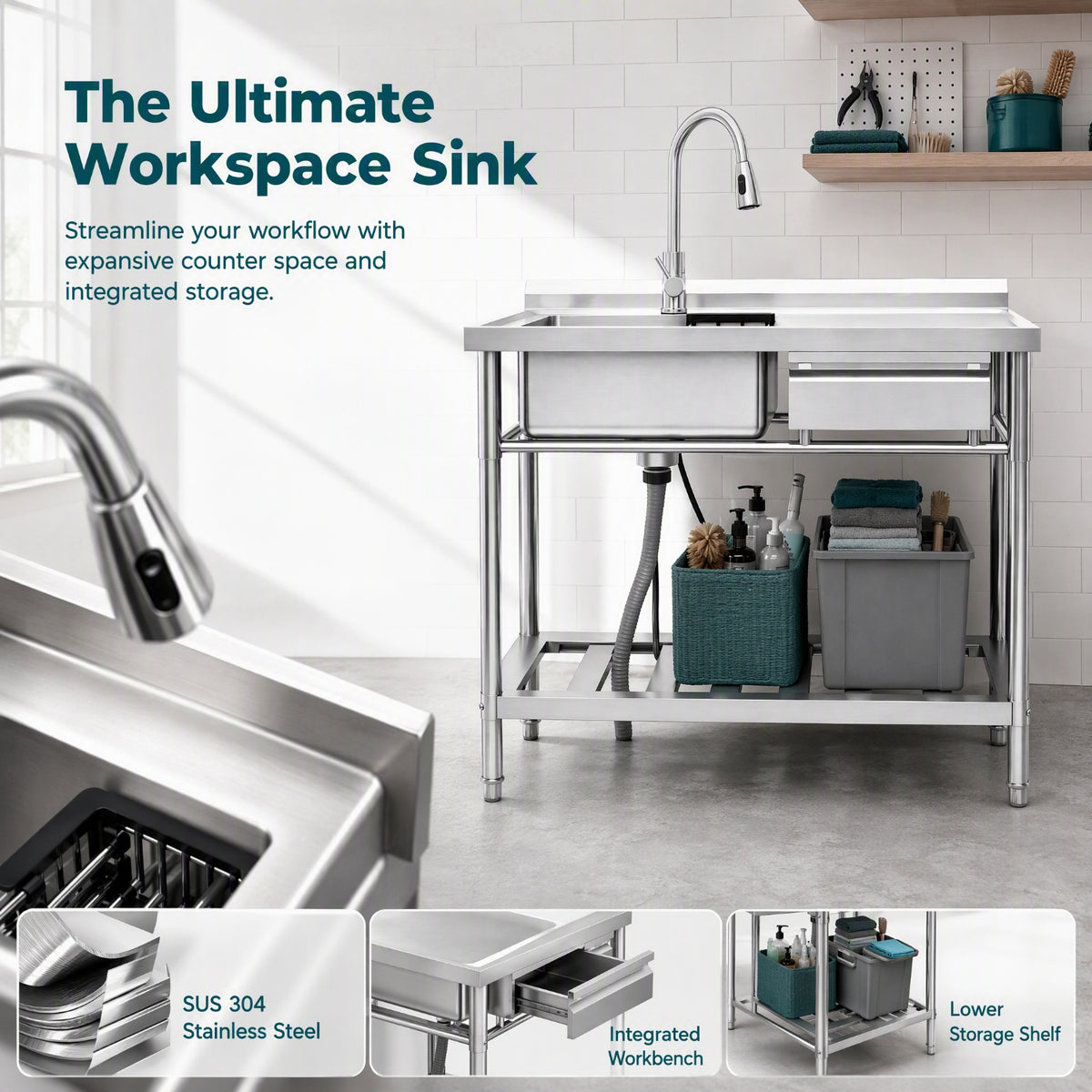 RAINLEX 39" Freestanding Commercial Kitchen Sink with Pull-Out Faucet in Stainless Steel - RX-US01-3920