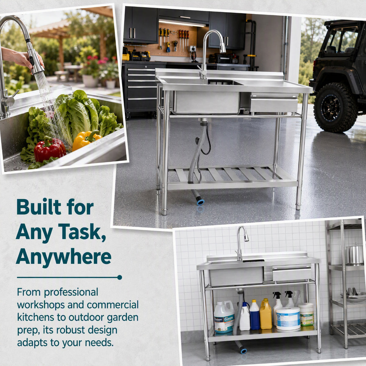 RAINLEX 39" Freestanding Commercial Kitchen Sink with Pull-Out Faucet in Stainless Steel - RX-US01-3920