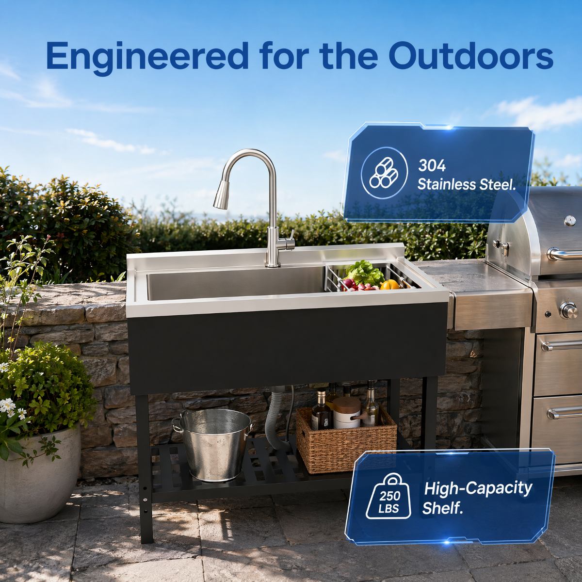 RAINLEX 39" Freestanding Utility Sink with Pull-Out Faucet in Stainless Steel
