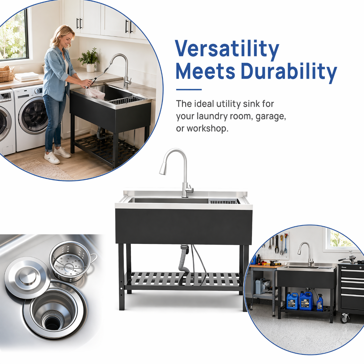 RAINLEX 39" Freestanding Utility Sink with Pull-Out Faucet in Stainless Steel