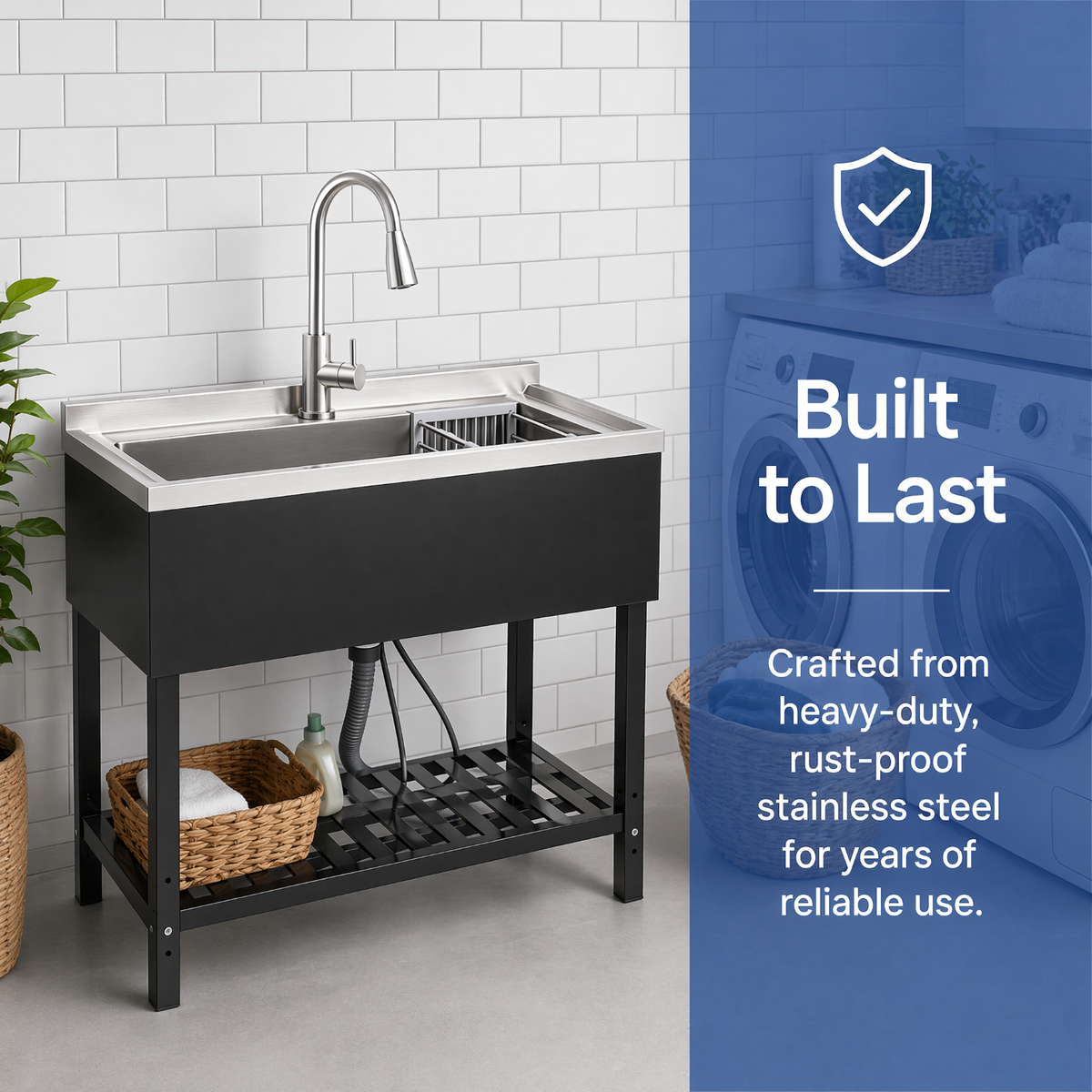 RAINLEX 39" Freestanding Utility Sink with Pull-Out Faucet in Stainless Steel