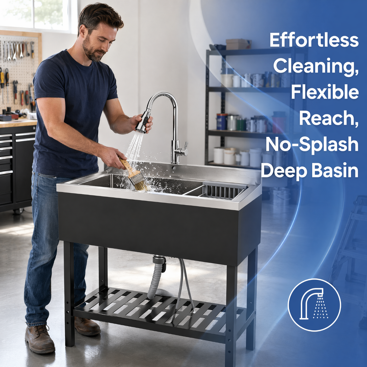RAINLEX 39" Freestanding Utility Sink with Pull-Out Faucet in Stainless Steel