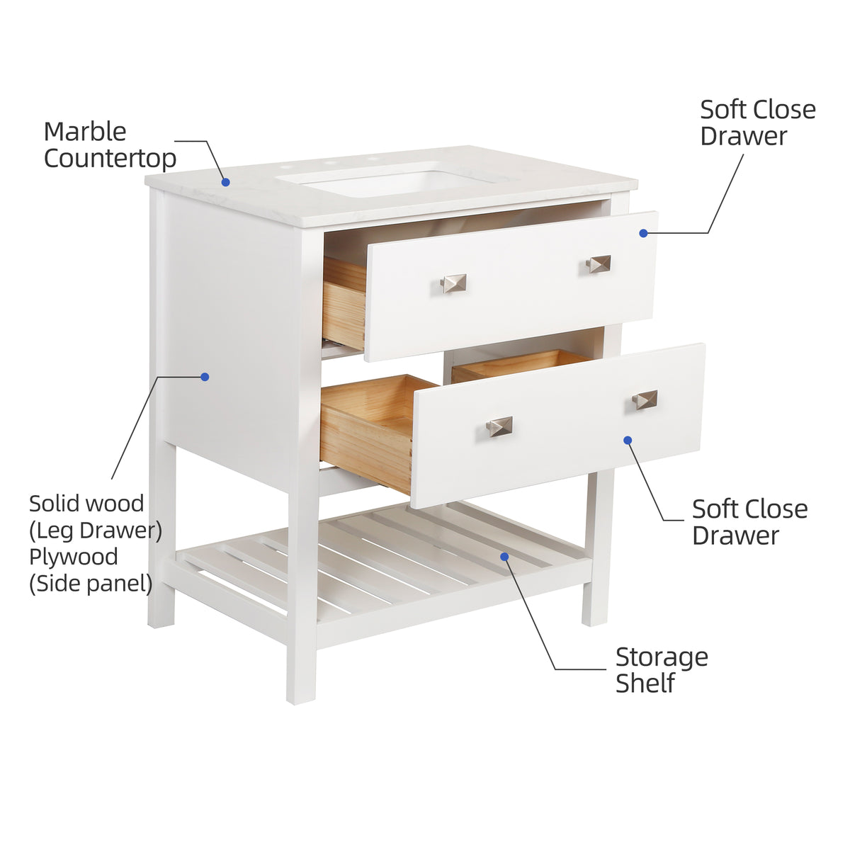 RAINLEX 30 in. Freestanding Bathroom Vanity with Natural Marble Top (V01)