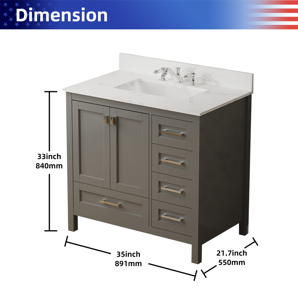 RAINLEX 36 in. Freestanding Bathroom Vanity with Natural Marble Top