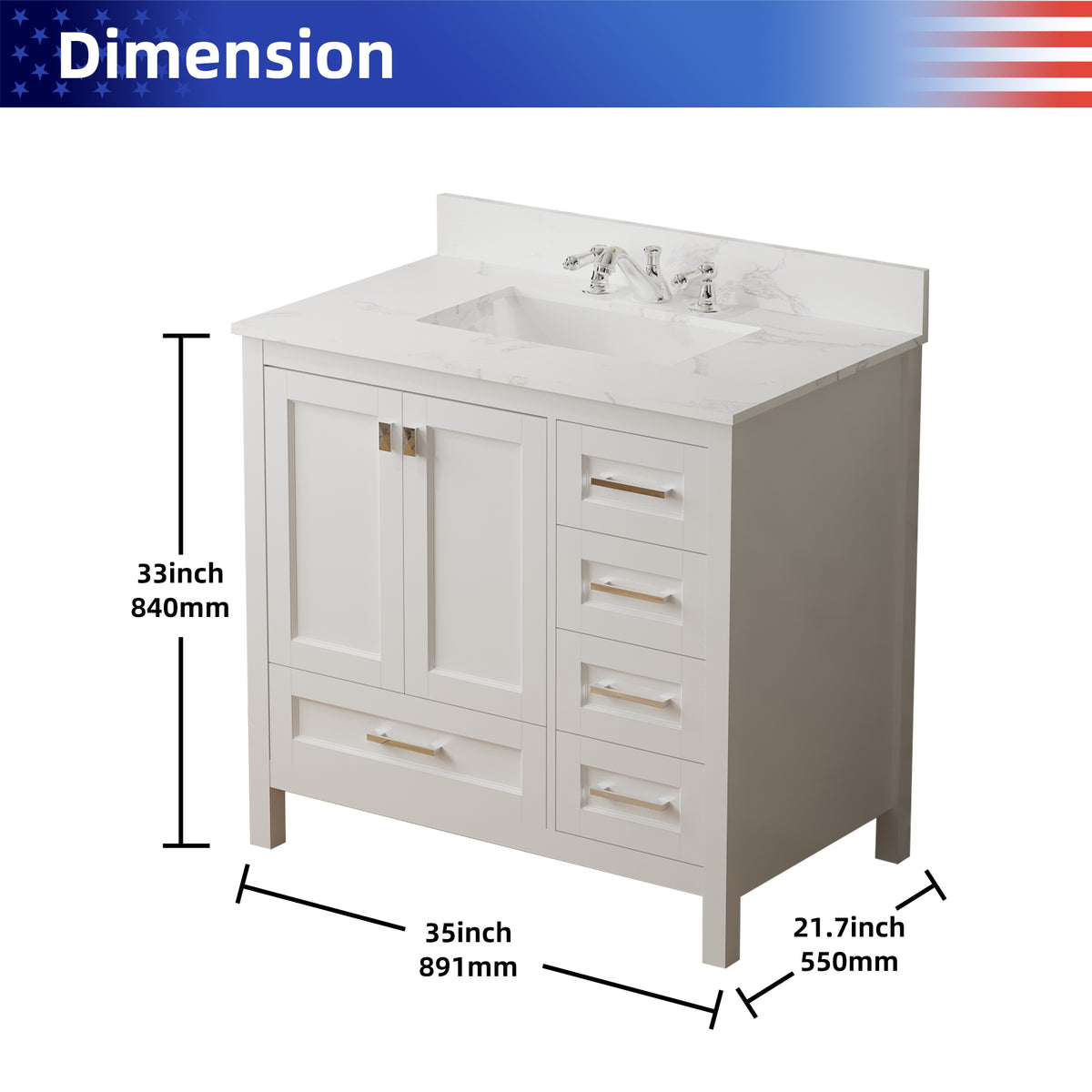 RAINLEX 36 in. Freestanding Bathroom Vanity with Natural Marble Top
