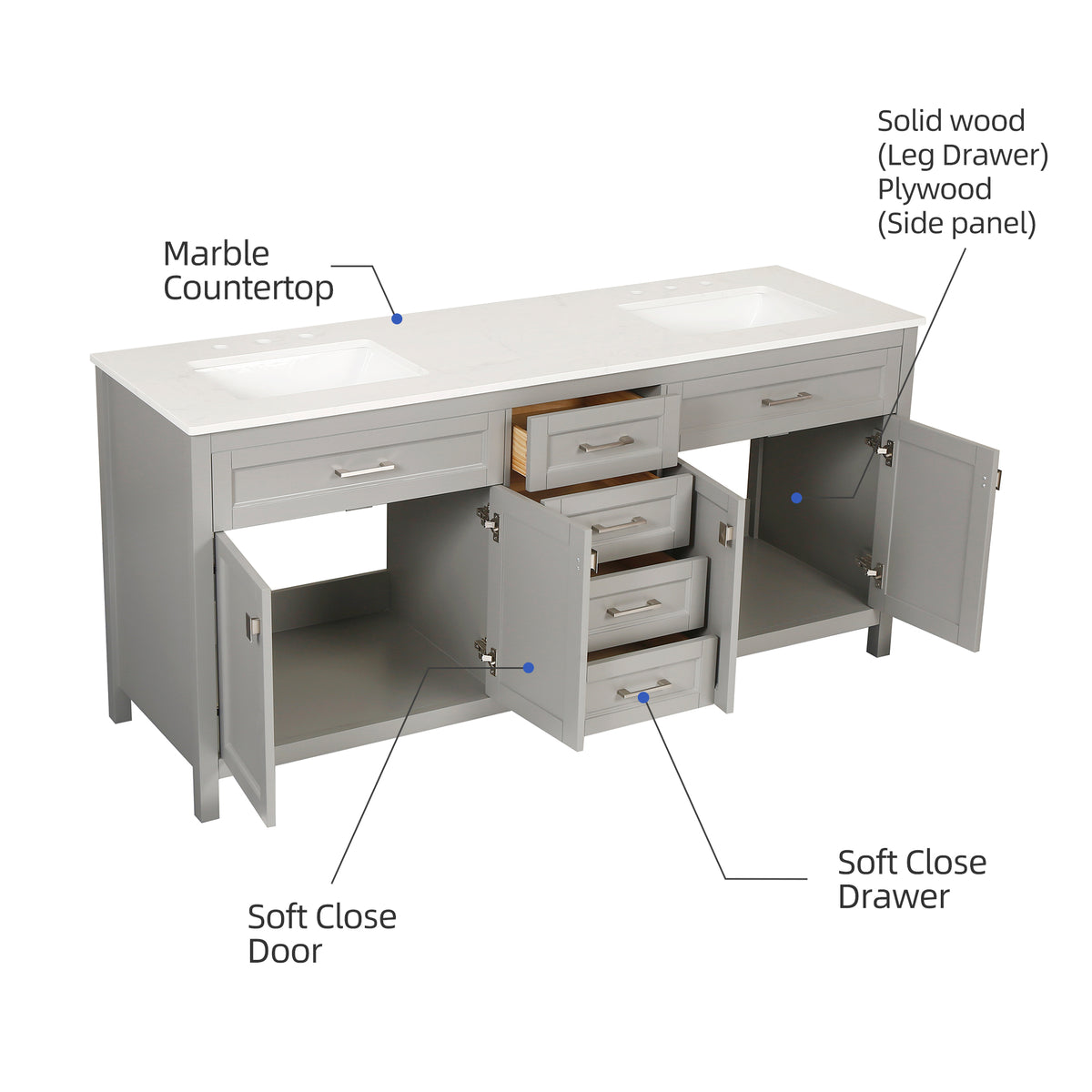 RAINLEX 72 in. Freestanding Bathroom Vanity with Natural Marble Top