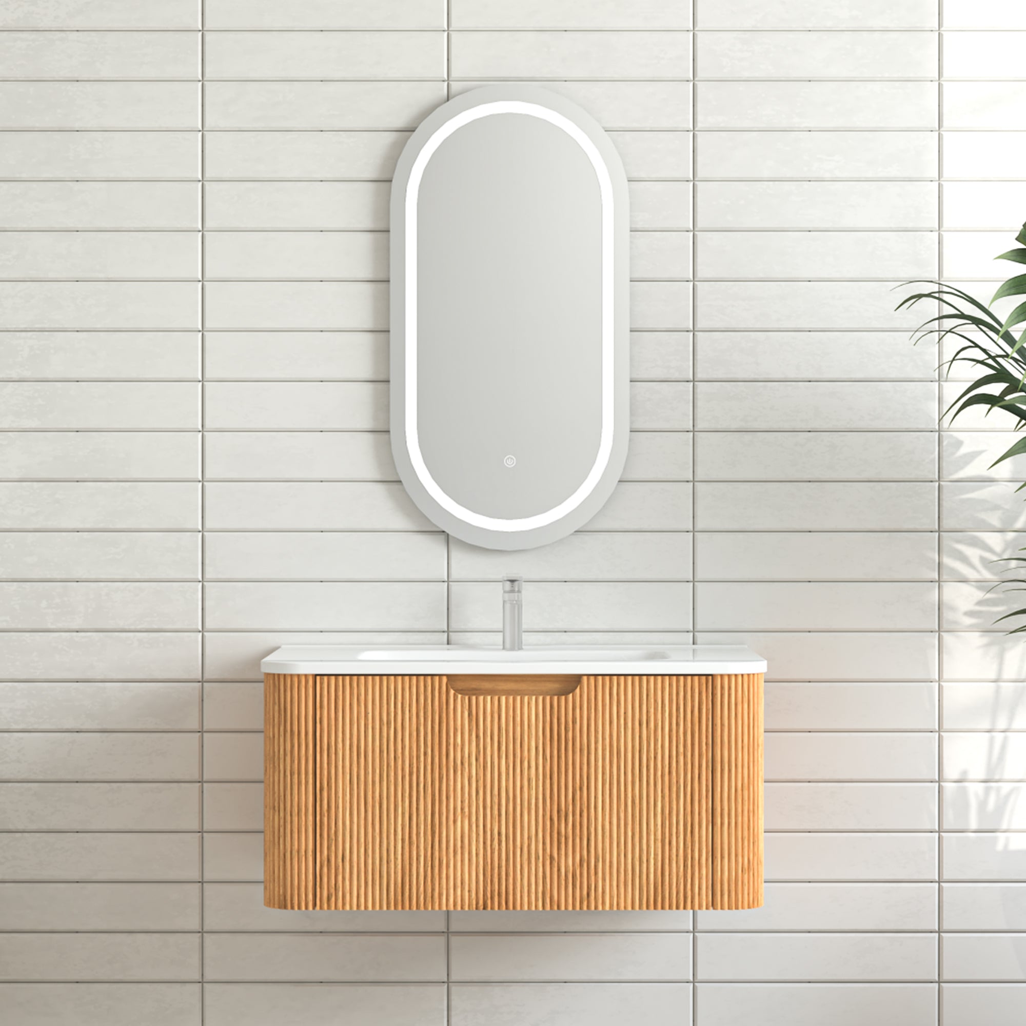 30" Wall-Mount Floating Solid Wood Bathroom Vanity, Curved Edge, Natural Walnut