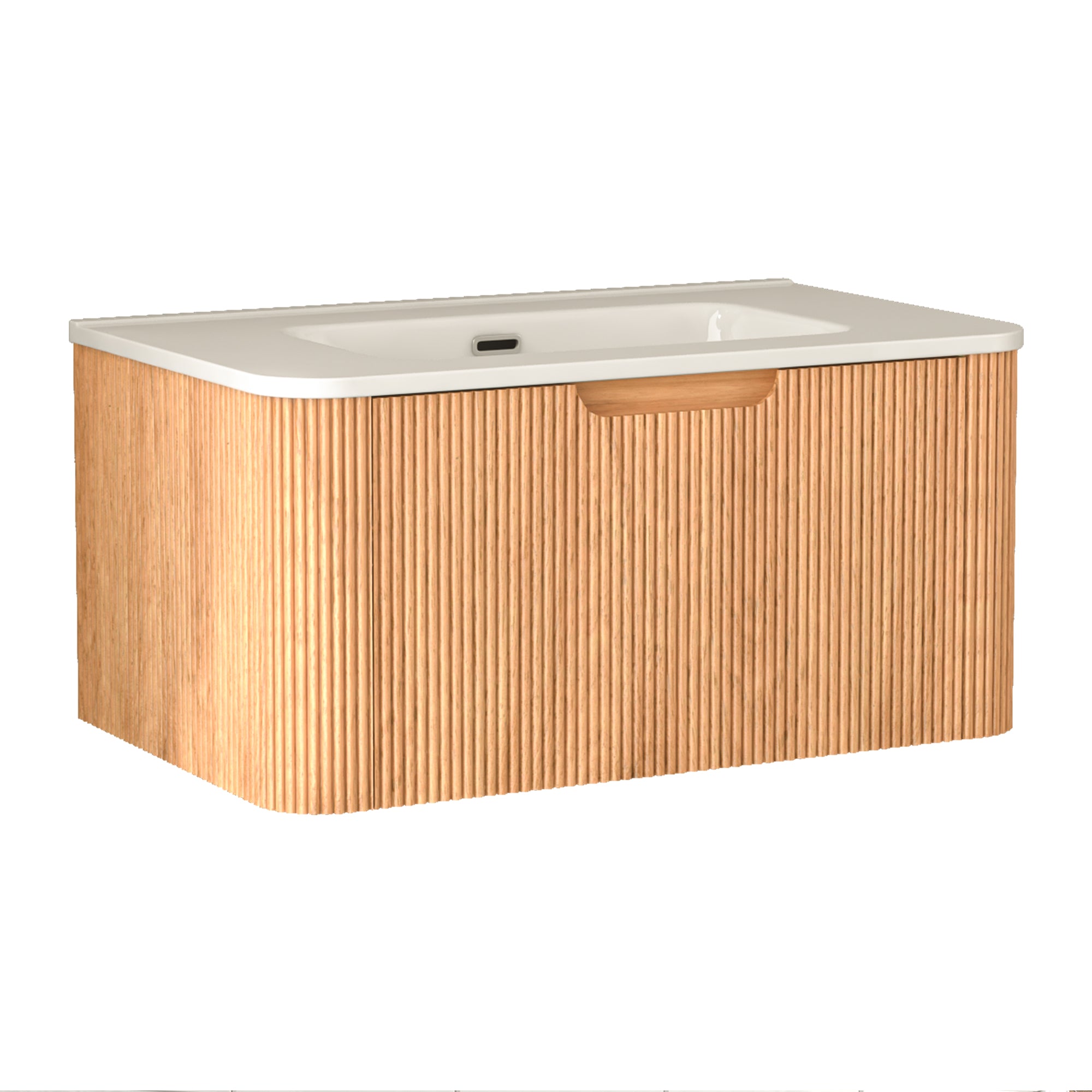 30" Wall-Mount Floating Solid Wood Bathroom Vanity, Curved Edge, Natural Walnut