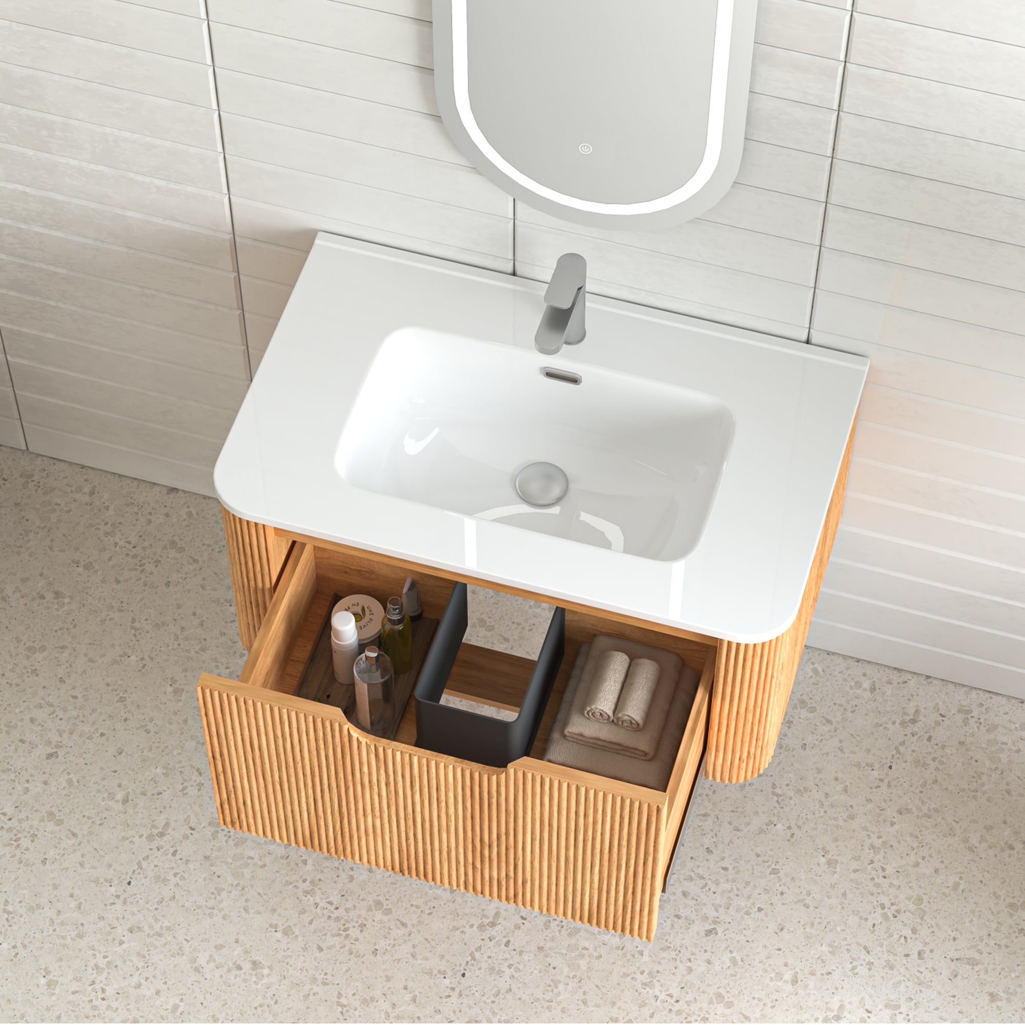 30" Wall-Mount Floating Solid Wood Bathroom Vanity, Curved Edge, Natural Walnut