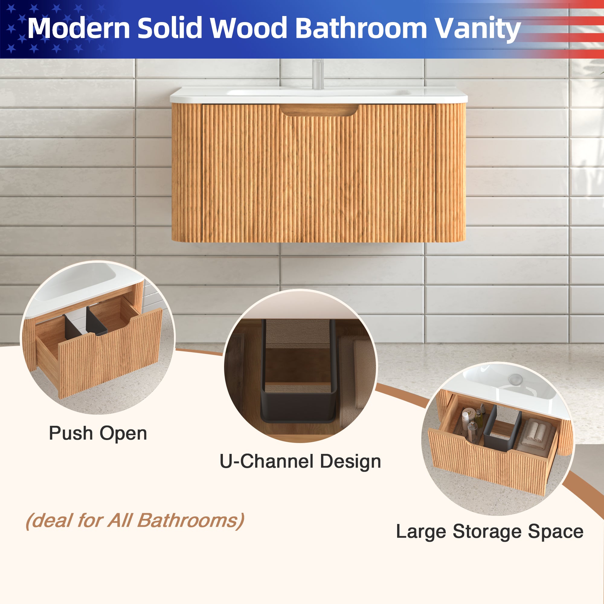 30" Wall-Mount Floating Solid Wood Bathroom Vanity, Curved Edge, Natural Walnut
