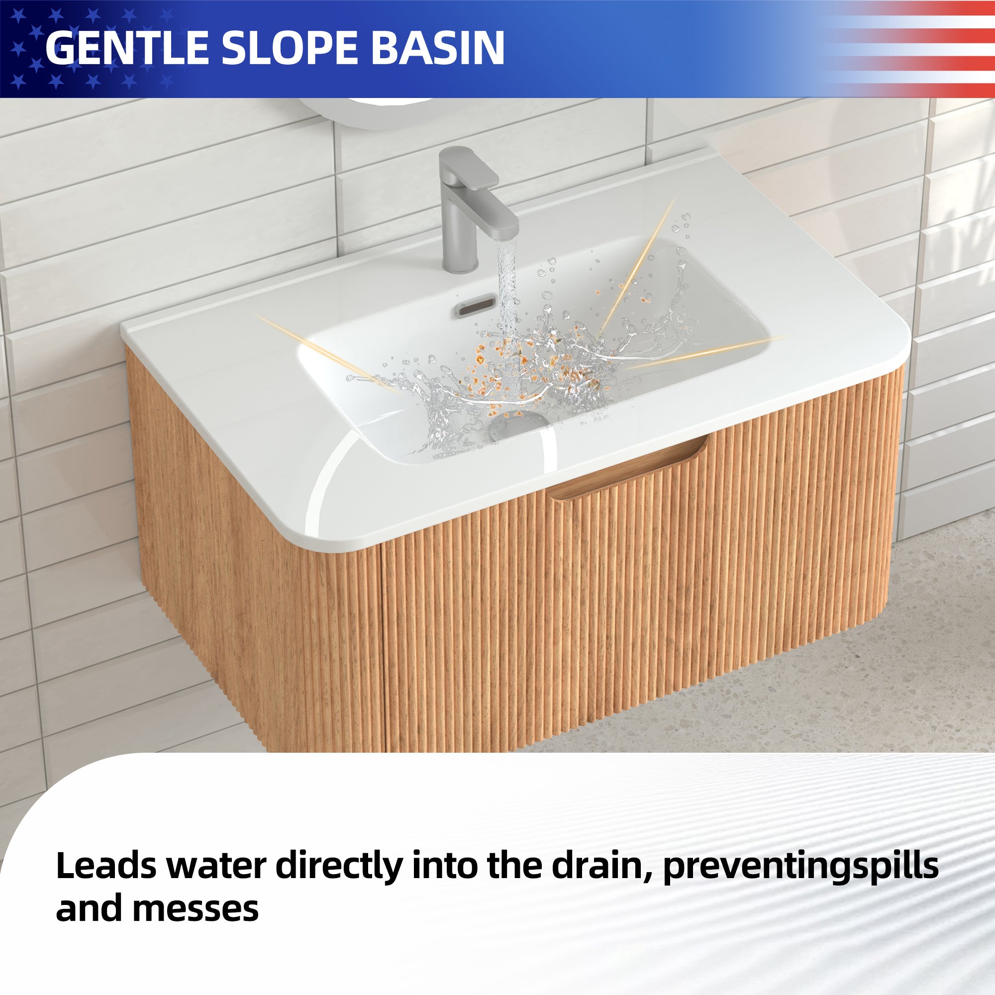 30" Wall-Mount Floating Solid Wood Bathroom Vanity, Curved Edge, Natural Walnut