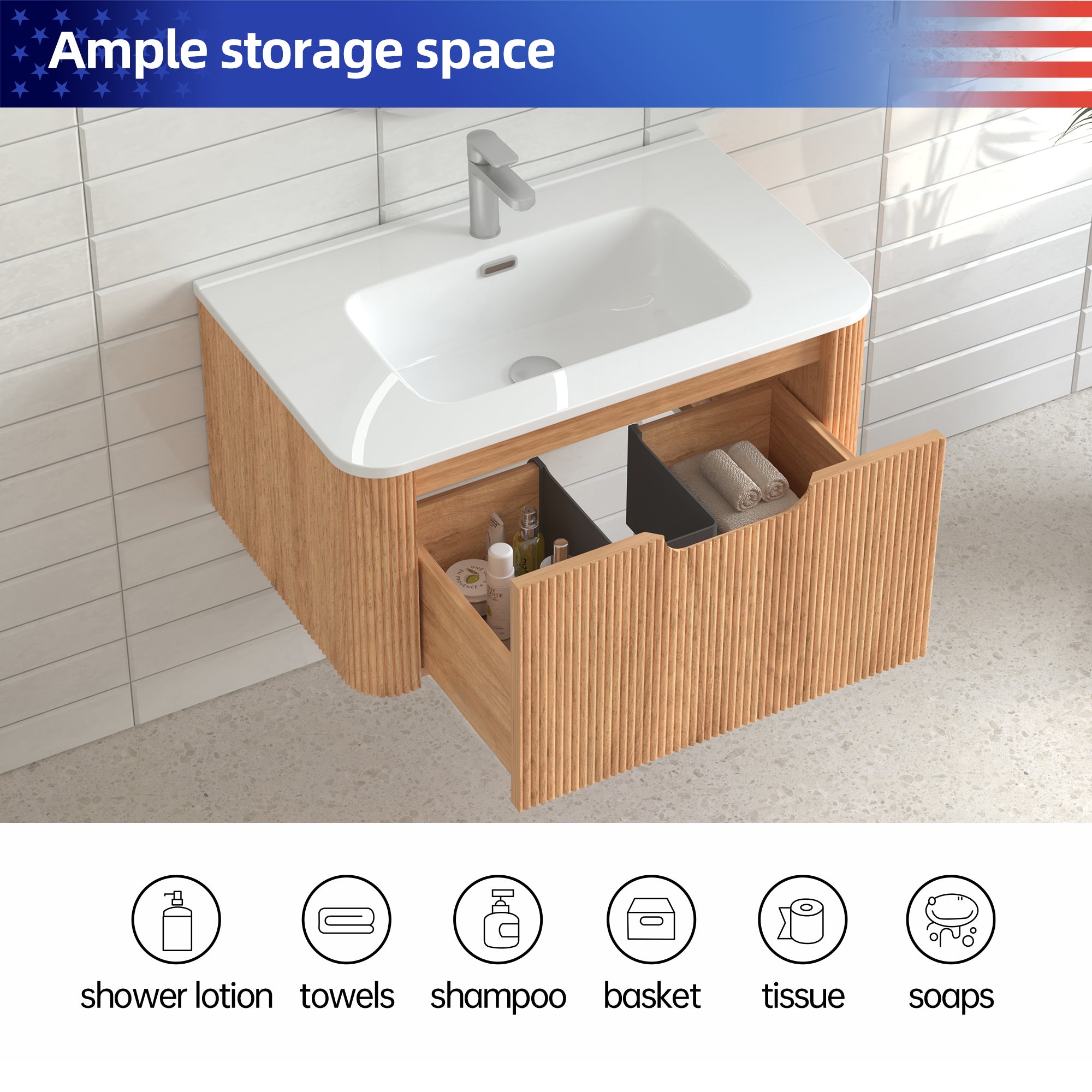 30" Wall-Mount Floating Solid Wood Bathroom Vanity, Curved Edge, Natural Walnut
