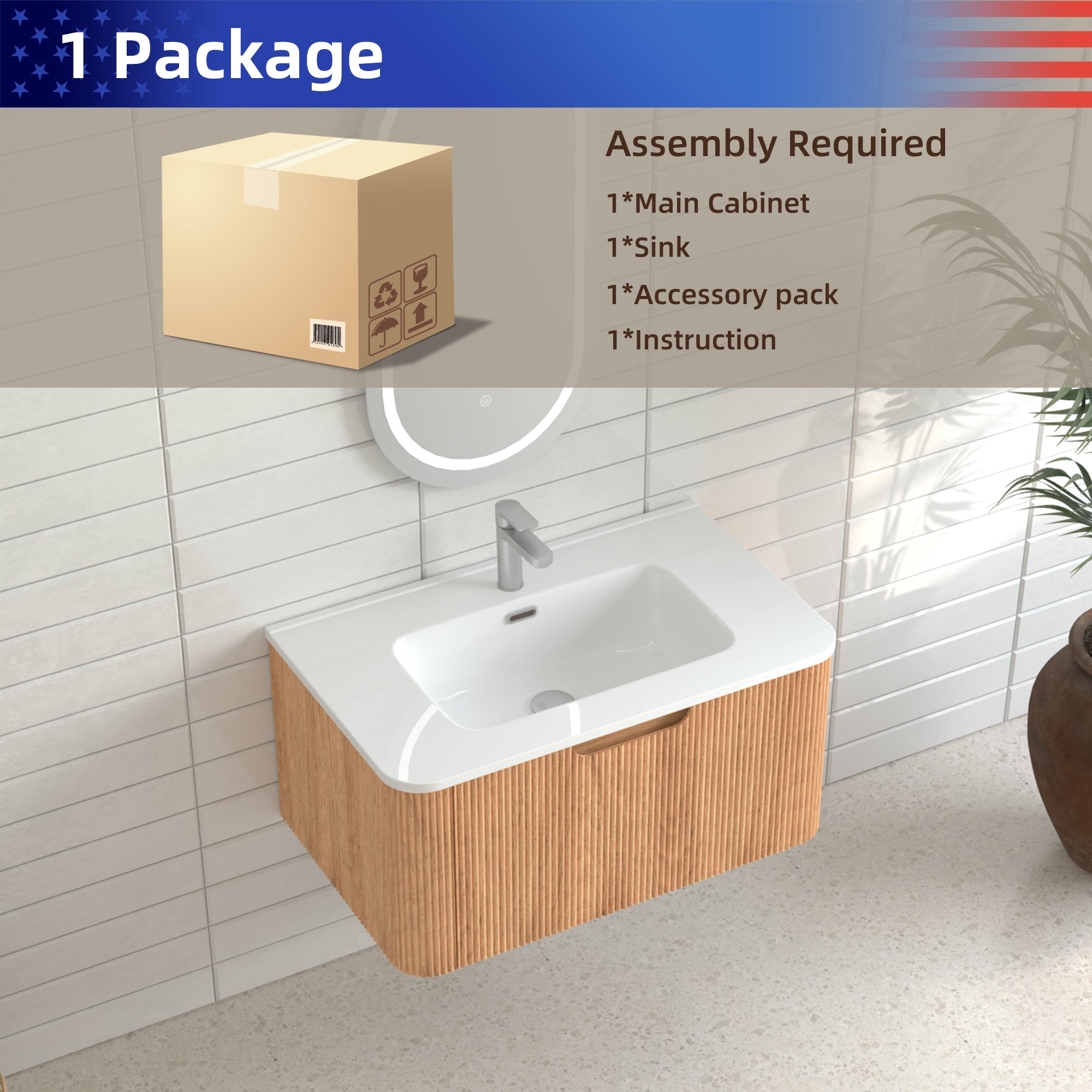 30" Wall-Mount Floating Solid Wood Bathroom Vanity, Curved Edge, Natural Walnut