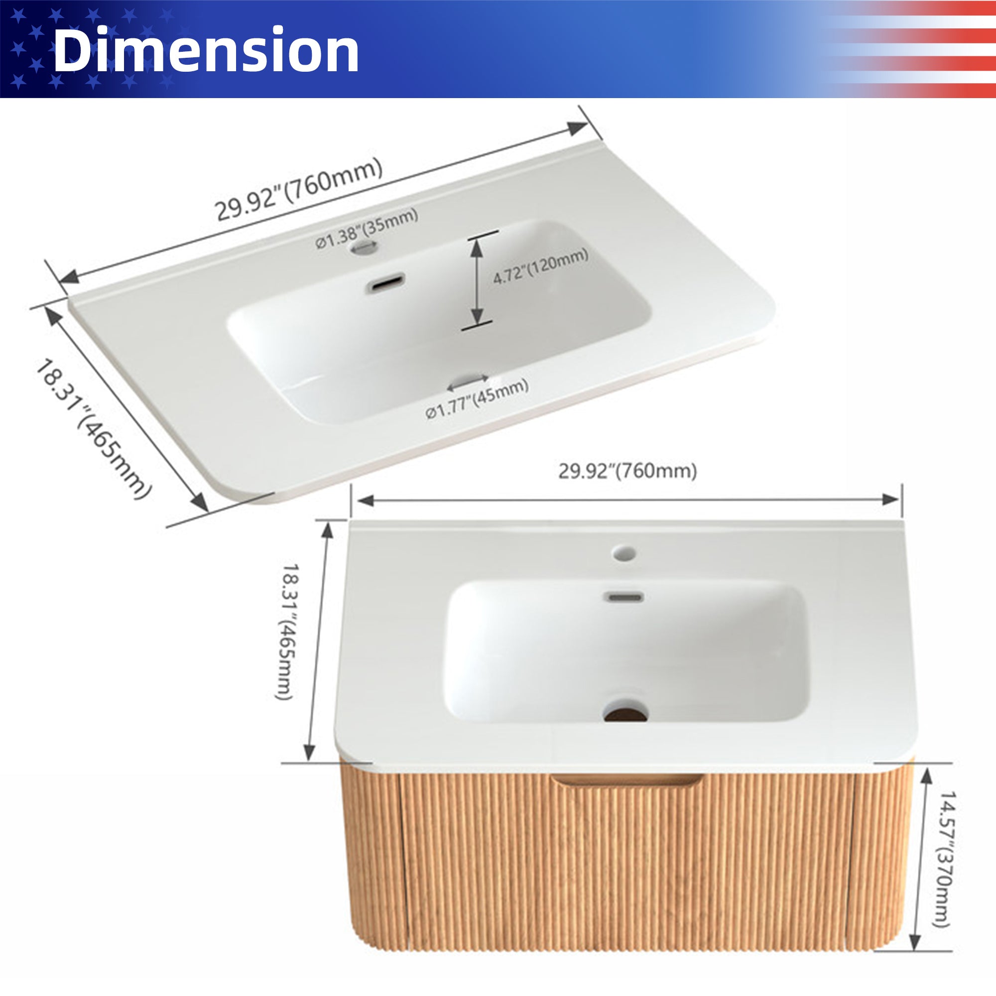 30" Wall-Mount Floating Solid Wood Bathroom Vanity, Curved Edge, Natural Walnut
