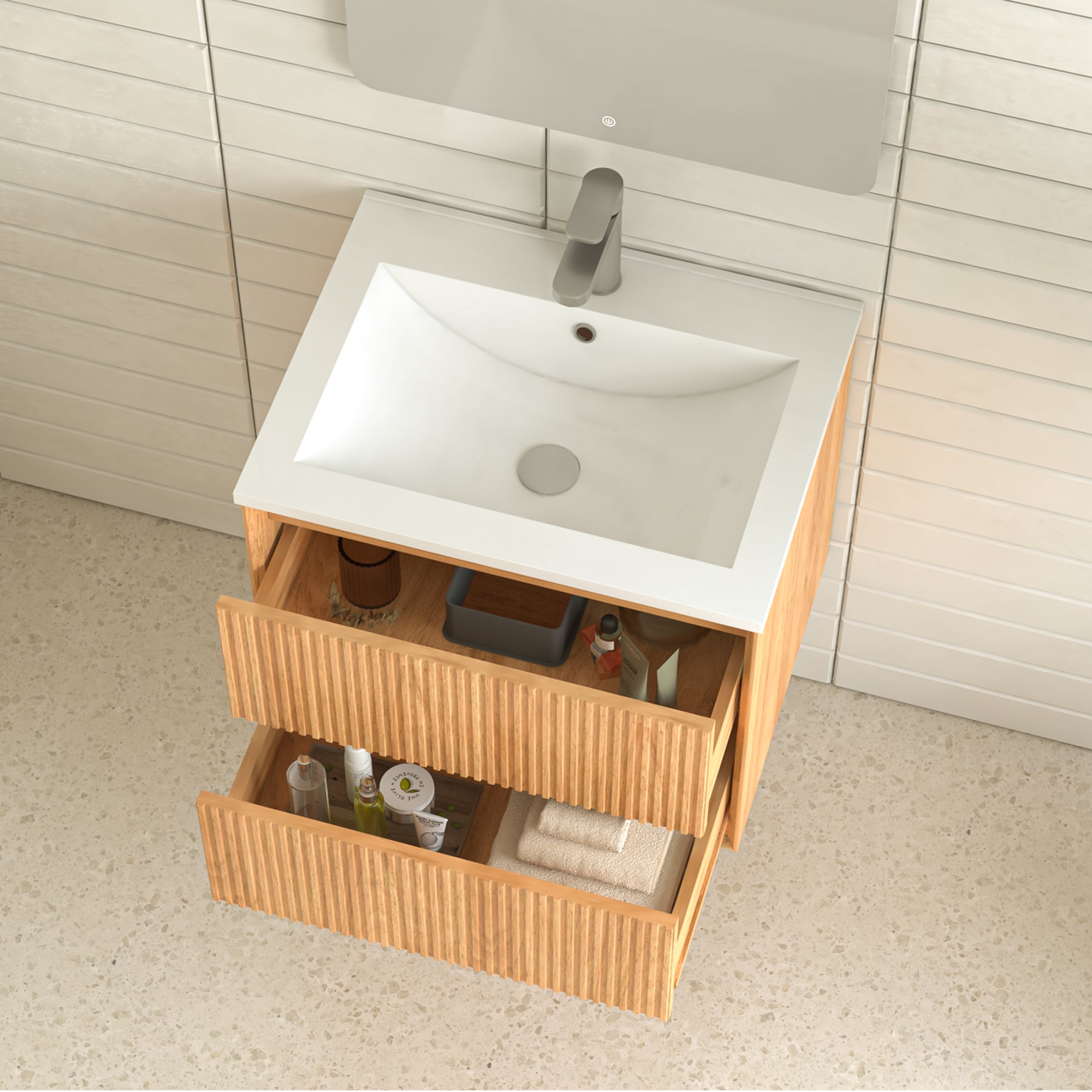 24" Wall-Mount Floating Solid Wood Bathroom Vanity with White Resin Sink, 2 Drawers