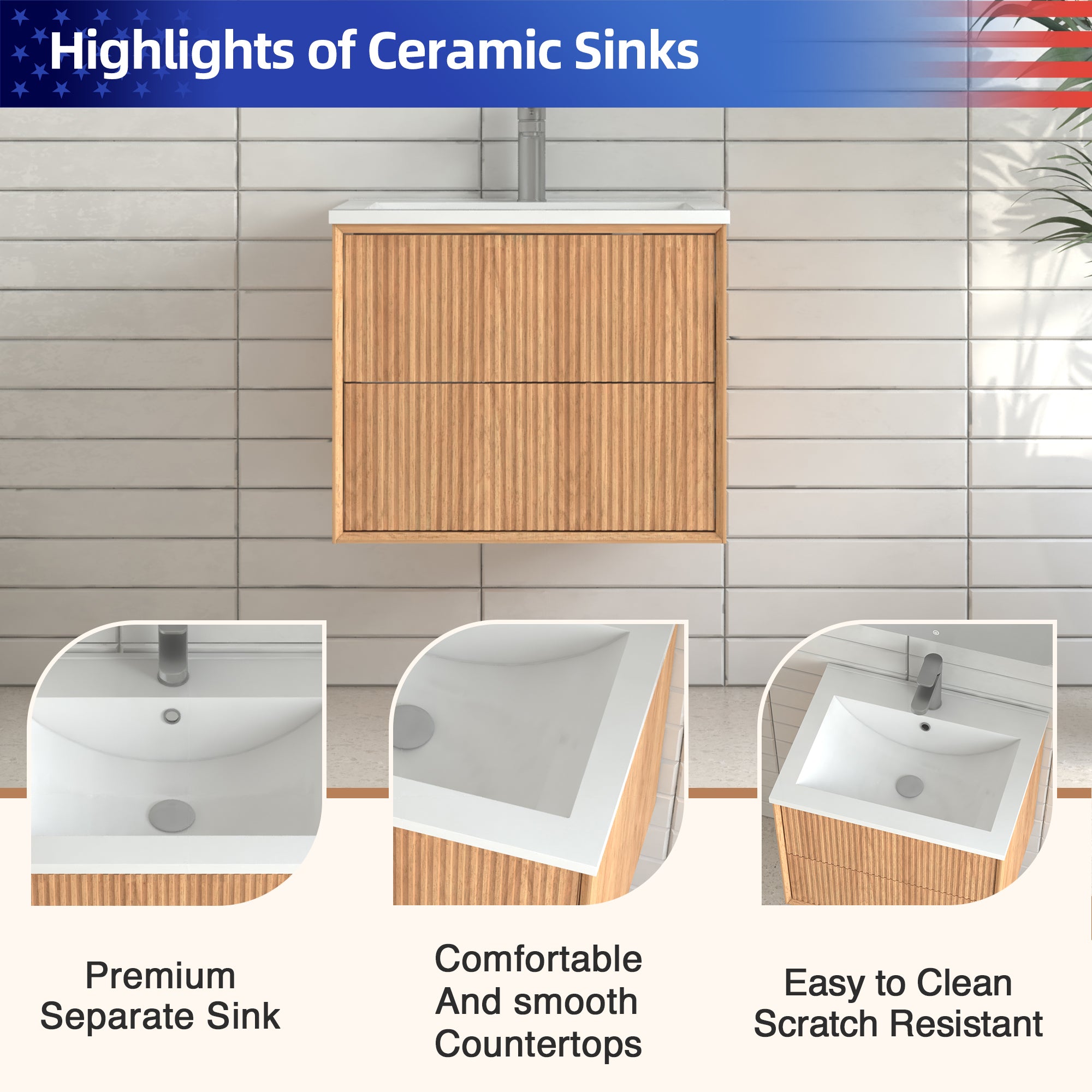 24" Wall-Mount Floating Solid Wood Bathroom Vanity with White Resin Sink, 2 Drawers