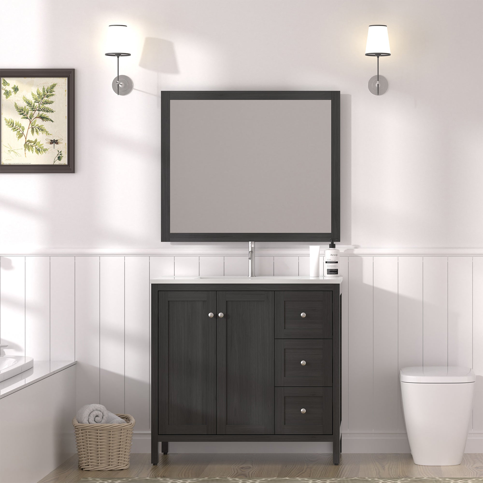35.5" Freestanding Bathroom Vanity with Basin, 3 Drawers, Matte Black