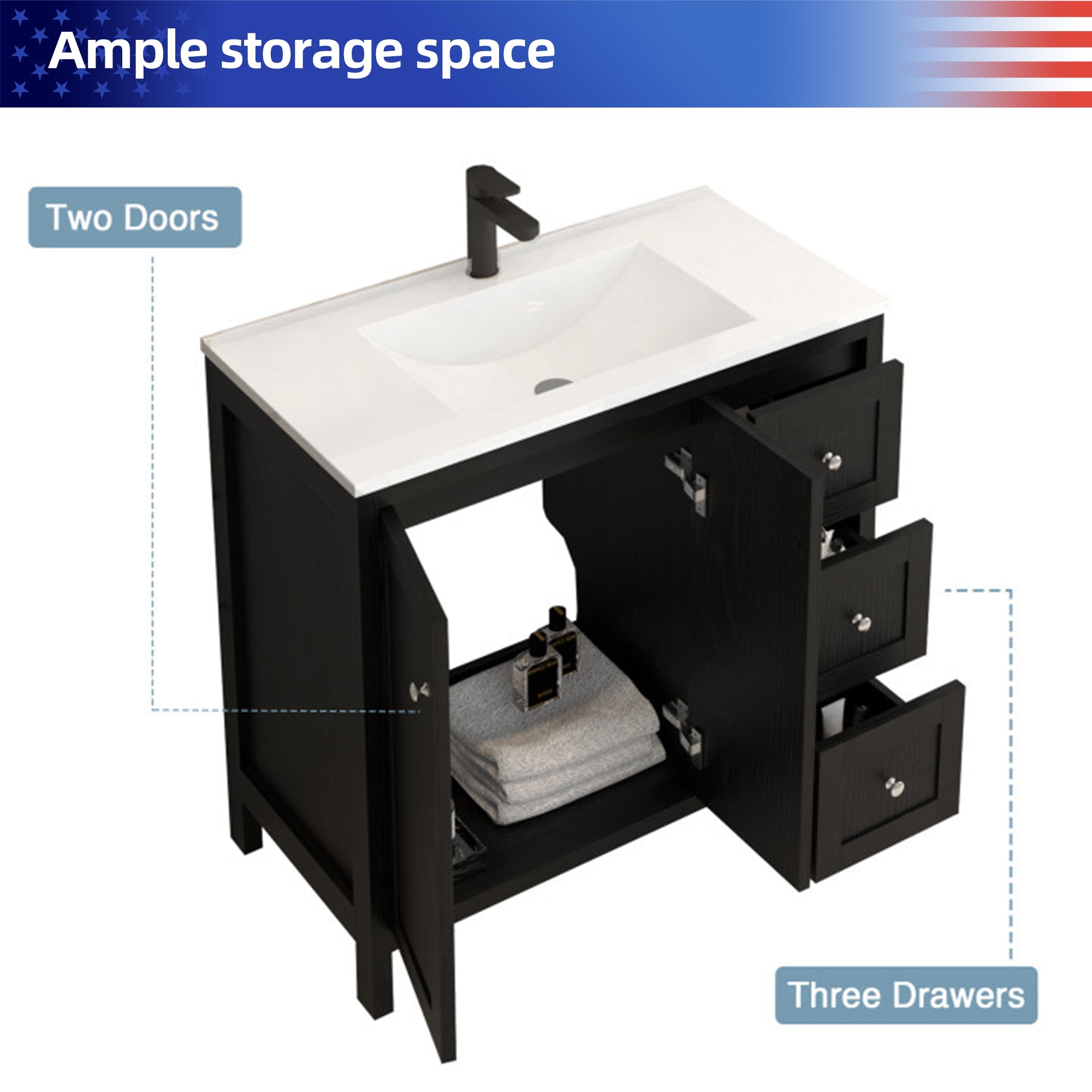 35.5" Freestanding Bathroom Vanity with Basin, 3 Drawers, Matte Black