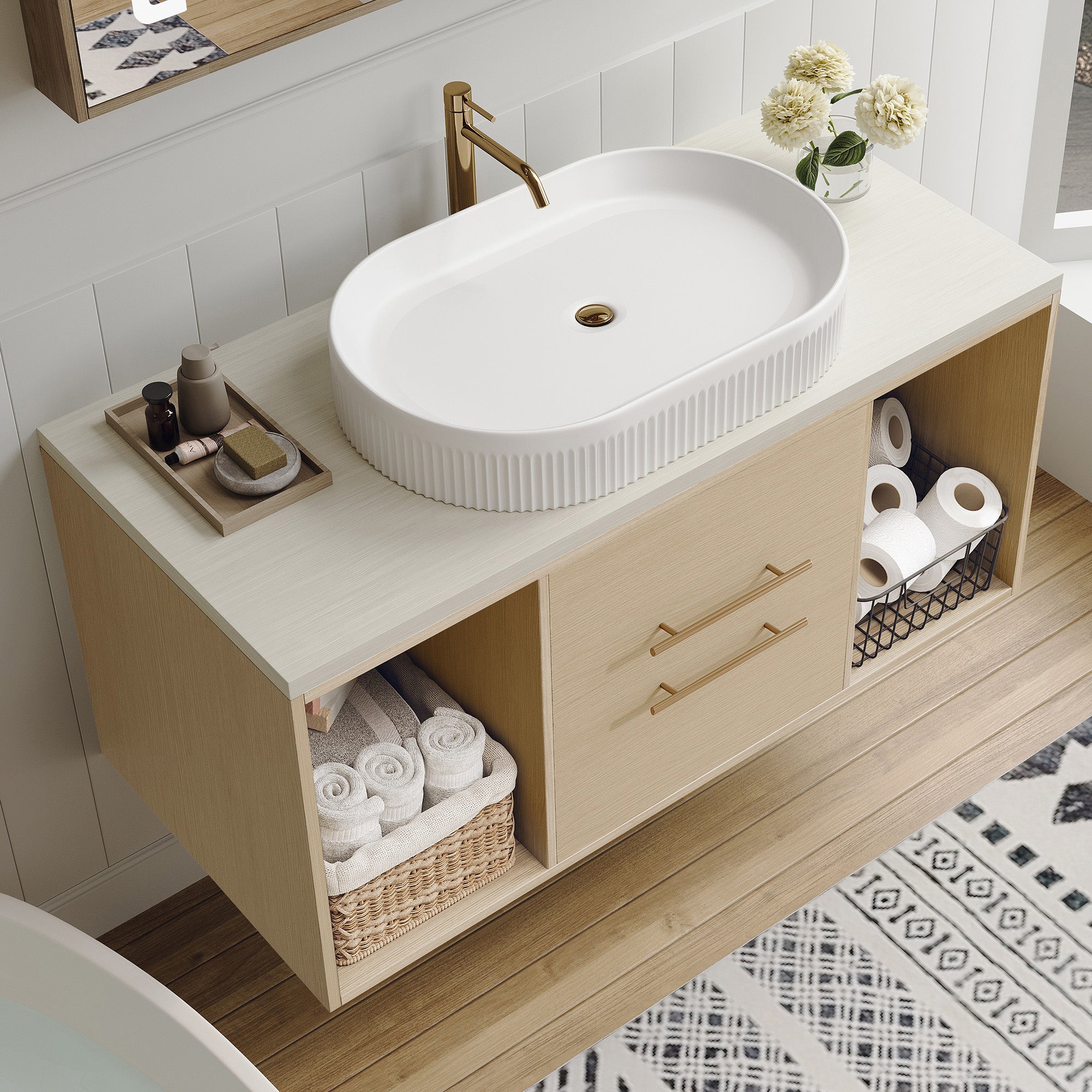 39.3" Wall-Mount Floating Bathroom Vanity with Oval Ceramic Sink