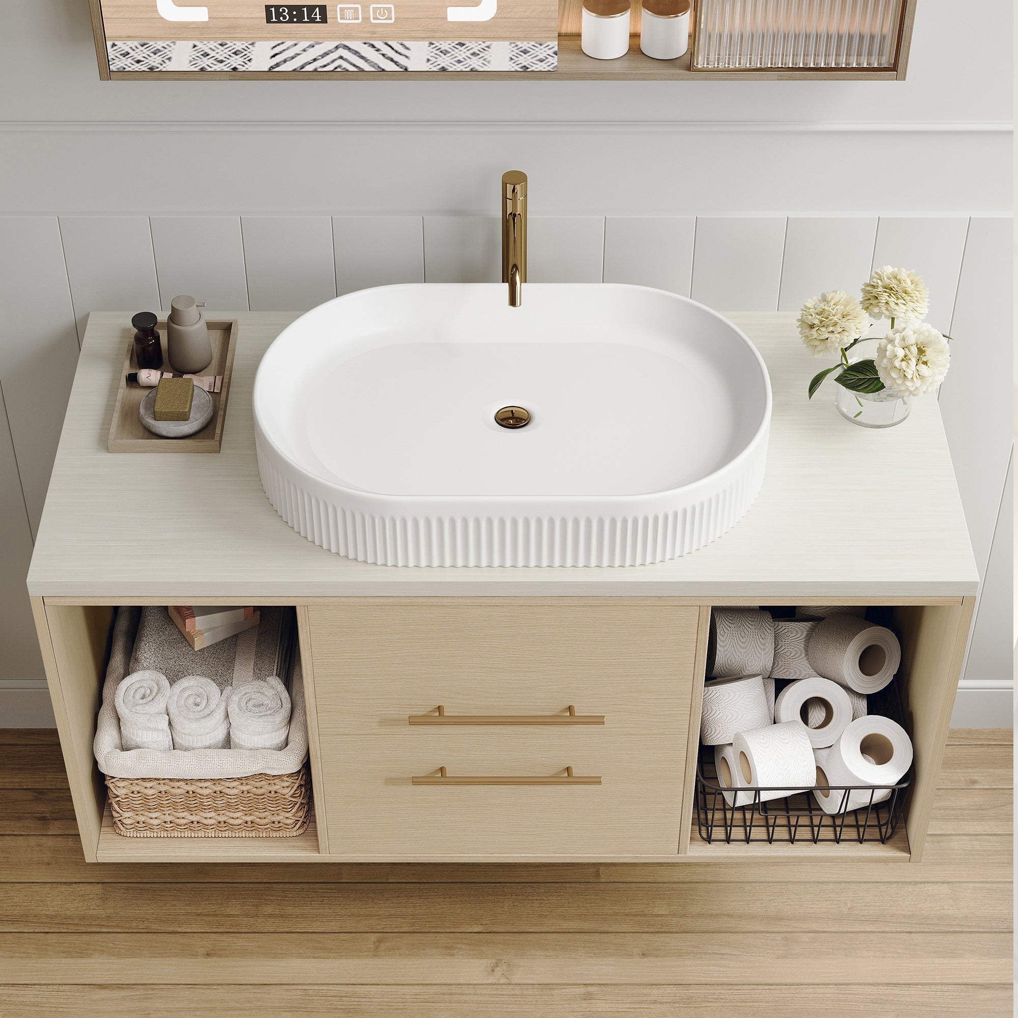 39.3" Wall-Mount Floating Bathroom Vanity with Oval Ceramic Sink