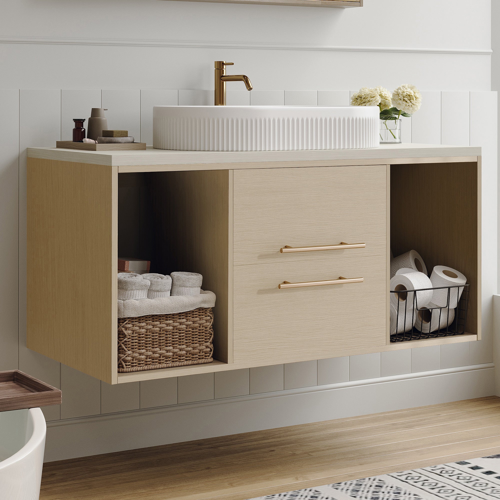 39.3" Wall-Mount Floating Bathroom Vanity with Oval Ceramic Sink